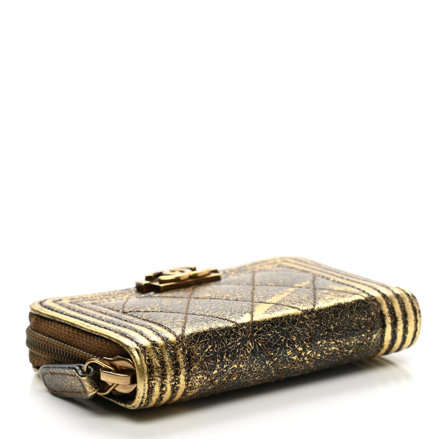 Cracked Metallic Calfskin Quilted Boy Zip Around Coin Purse Wallet Gold