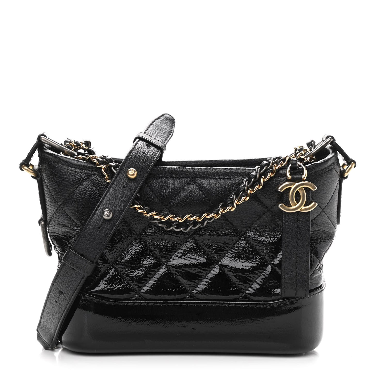Patent Goatskin Quilted Small Gabrielle Hobo Black