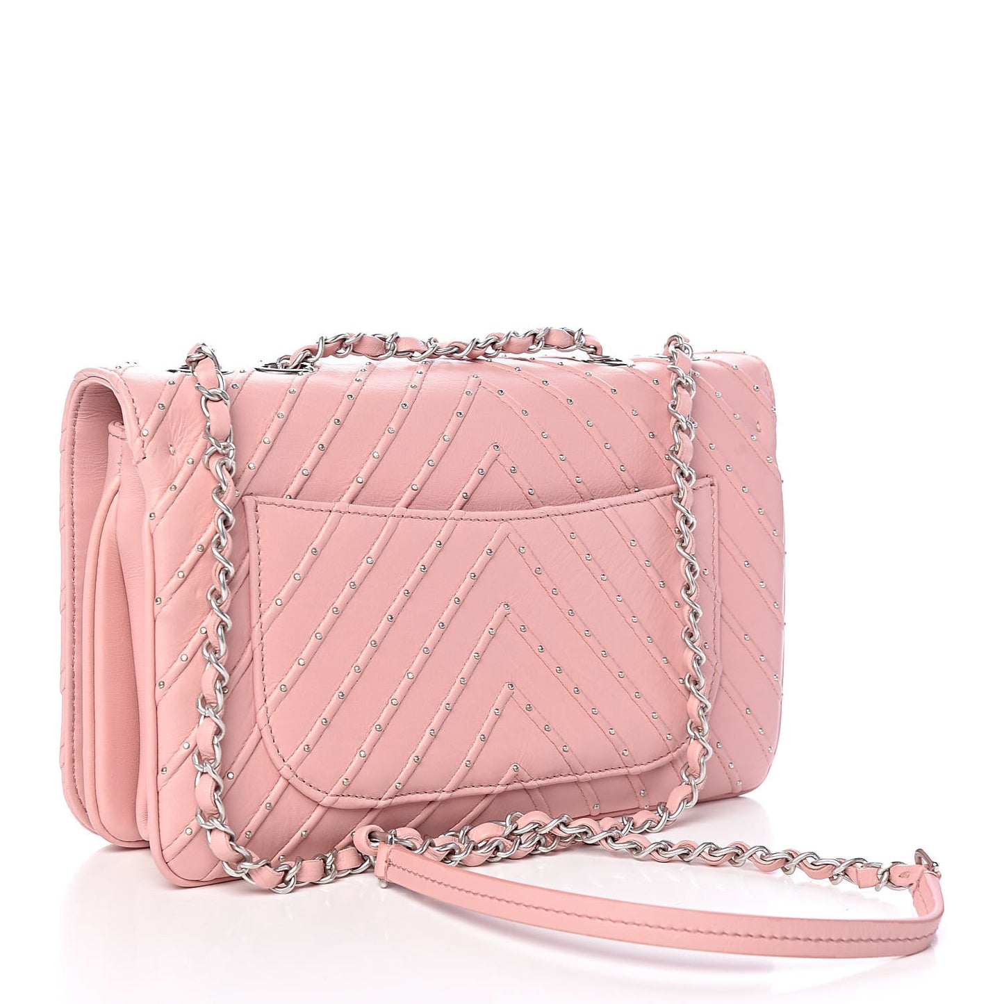 Calfskin Studded Chevron Quilted Flap Pink