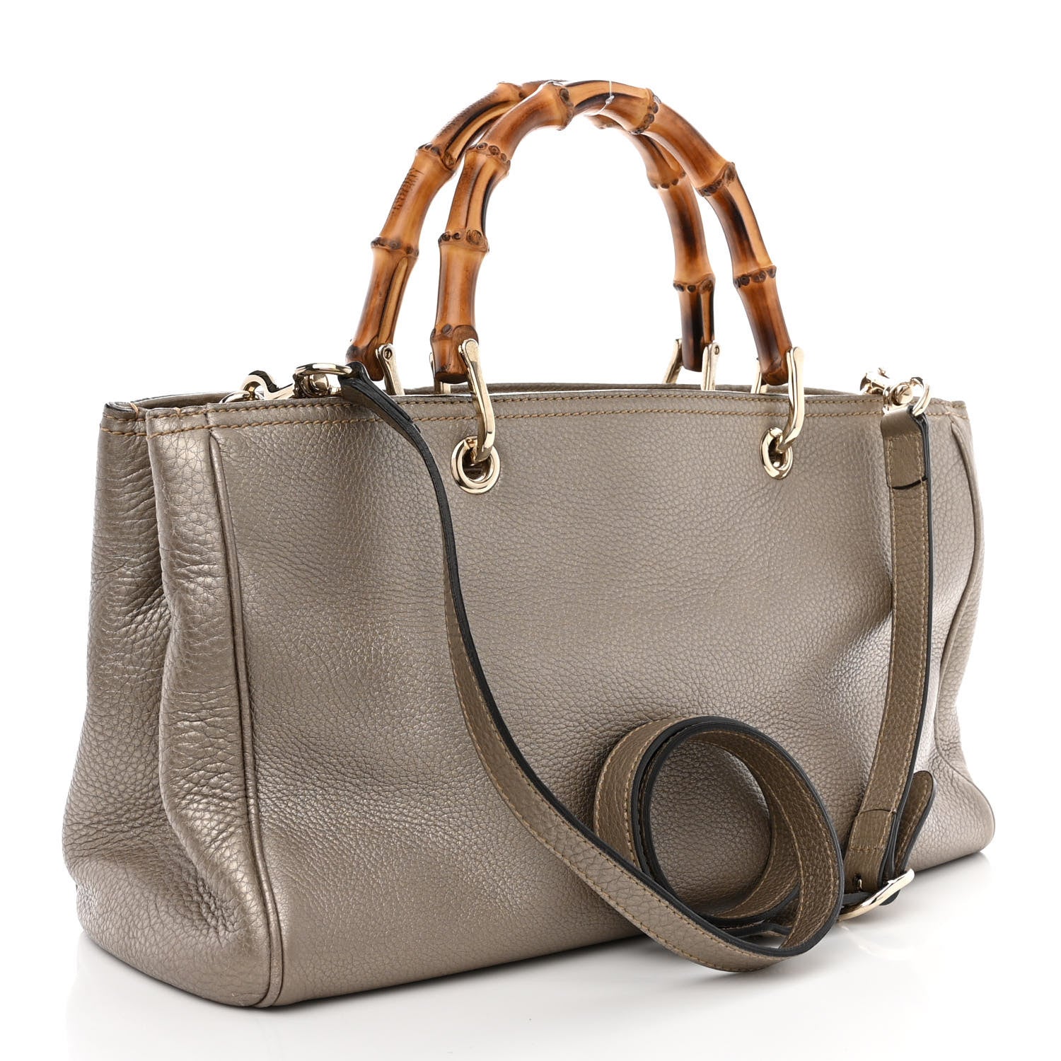 Gucci Metallic Pebbled Calfskin Medium Bamboo Shopper Tote Golden Beige 3 of 16