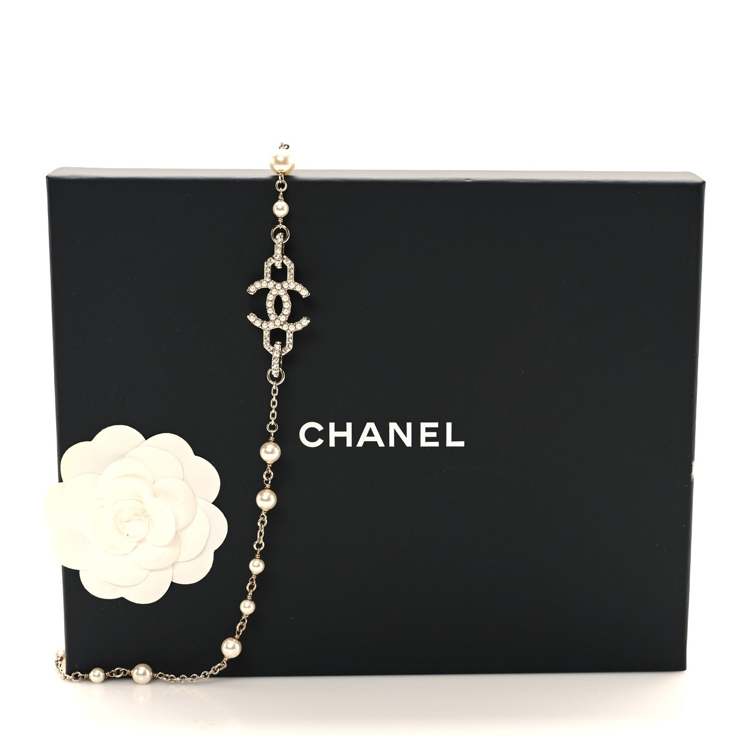 Pearl Crystal CC Vendome Long Necklace   Golden Pearly White