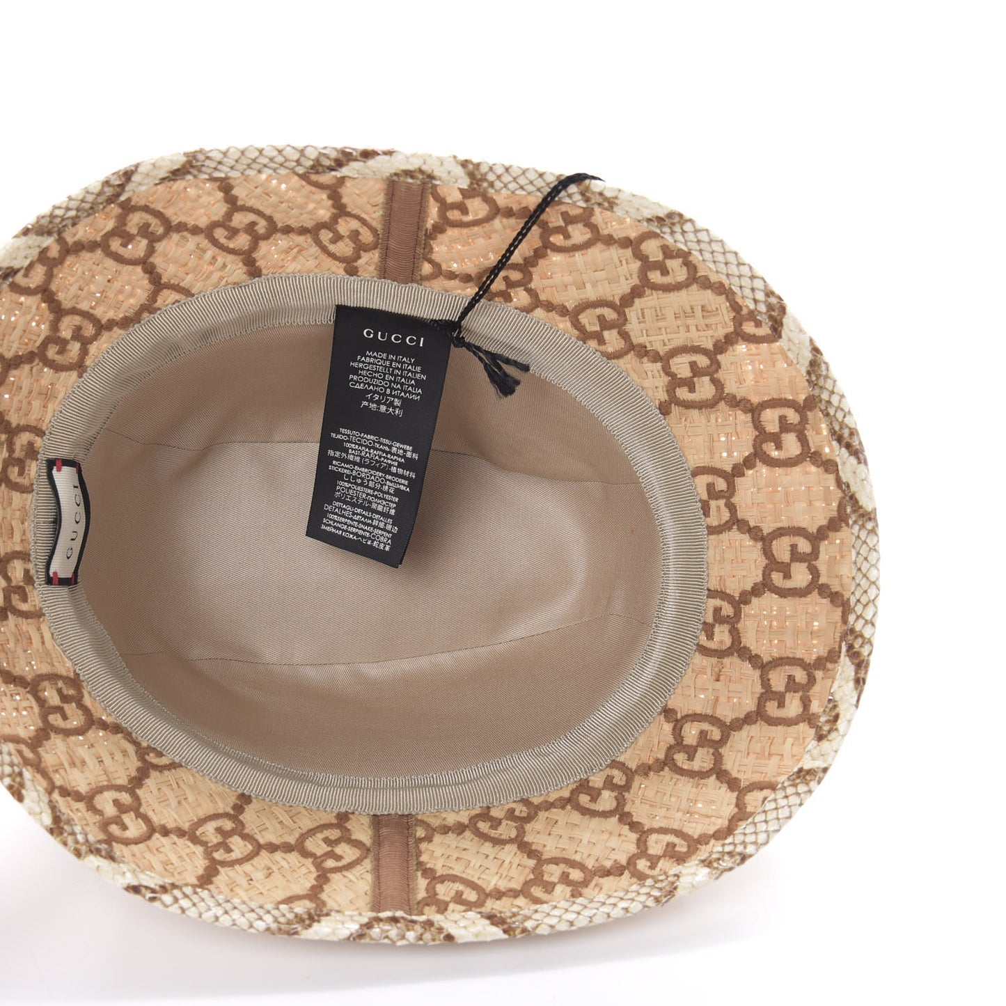 Raffia Elaphe GG Monogram Embroidered Basmaa Fedora Hat M Ivory Dark Brown