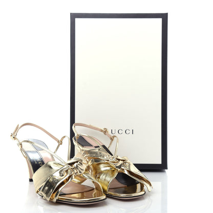 Gucci Metallic Nappa Bow Daphne Mid Heel Sandals 39.5 Gold 10 of 11