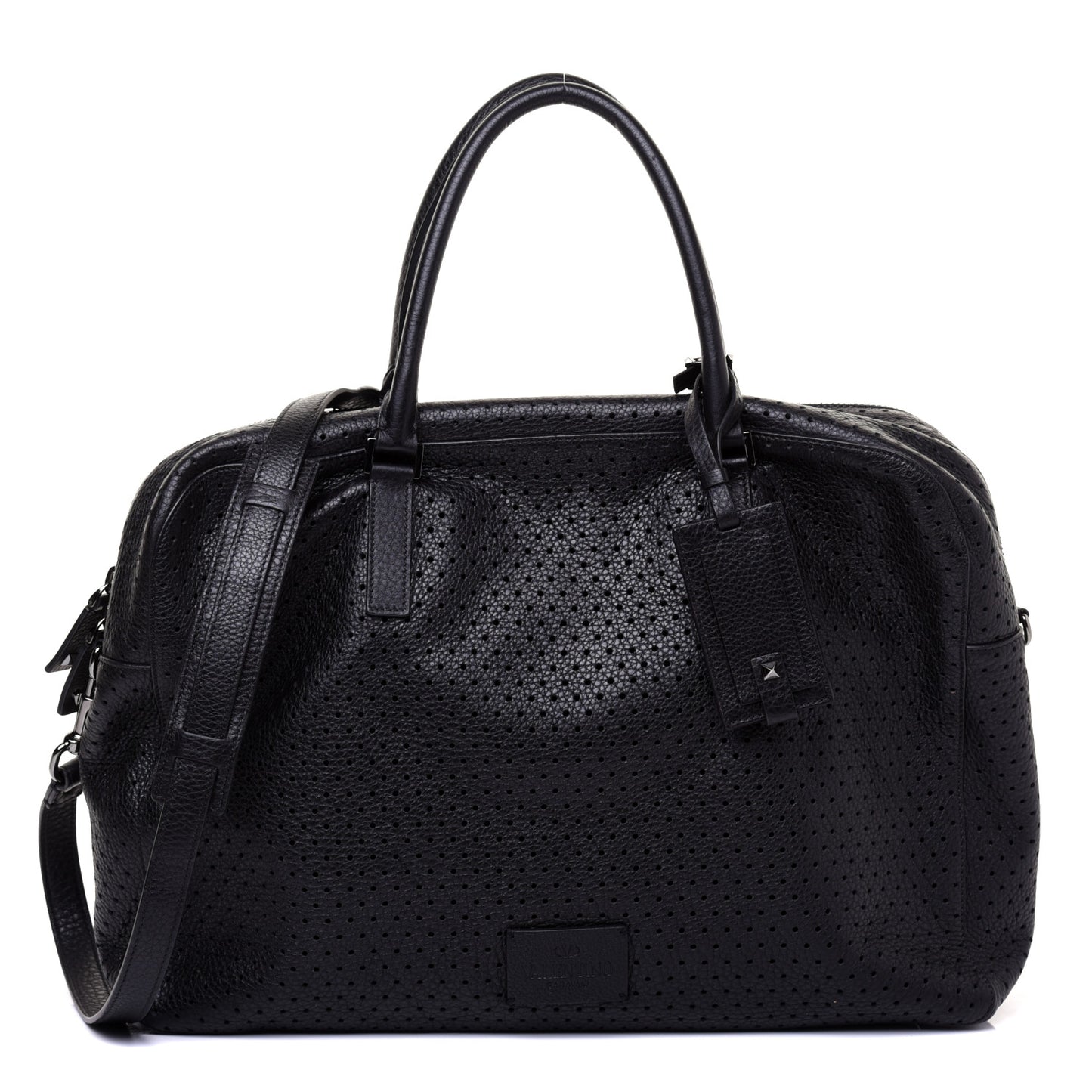Calfskin Perforated Rockstud Large Travel Briefcase Black