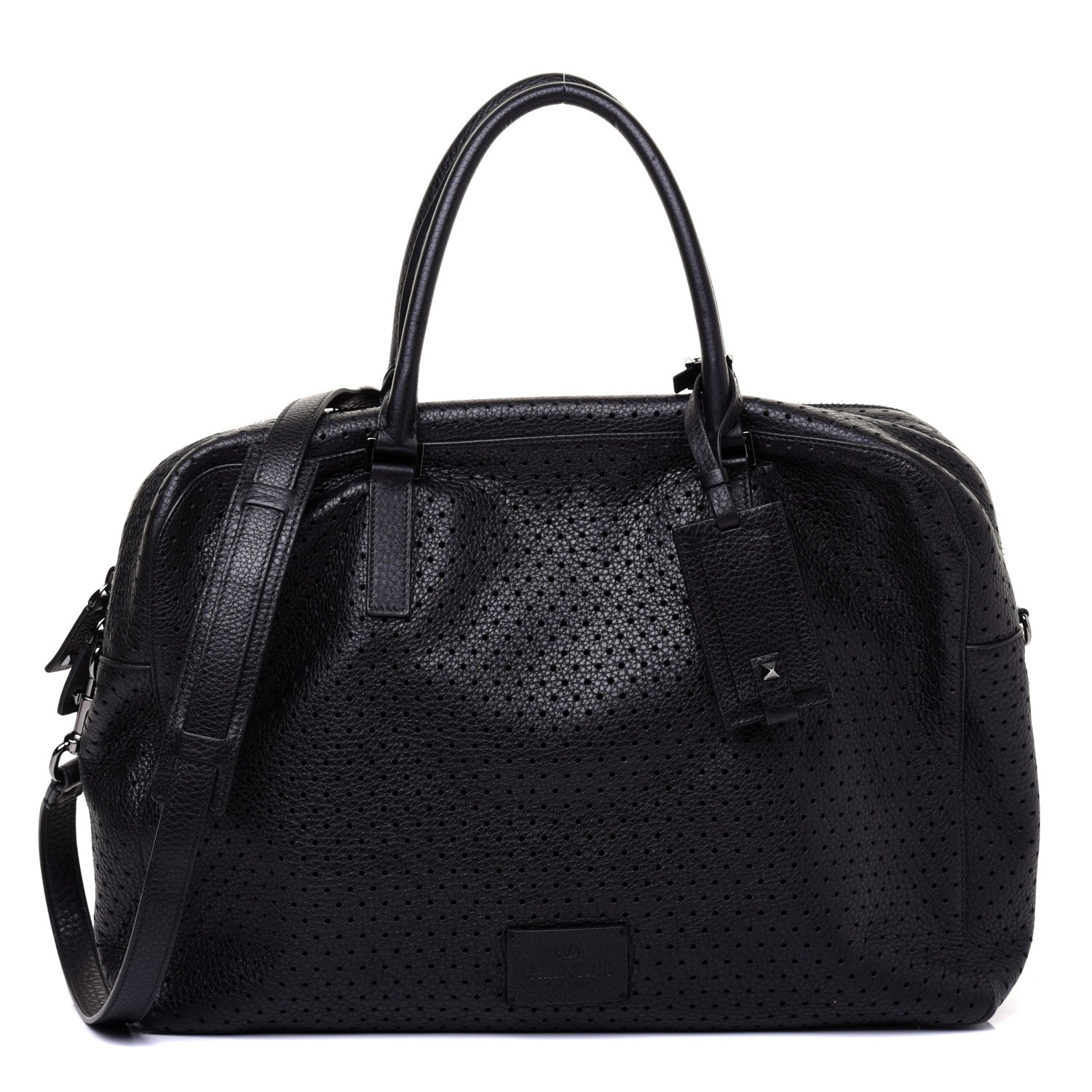 Valentino Garavani Calfskin Perforated Rockstud Large Travel Briefcase Black 1 of 10