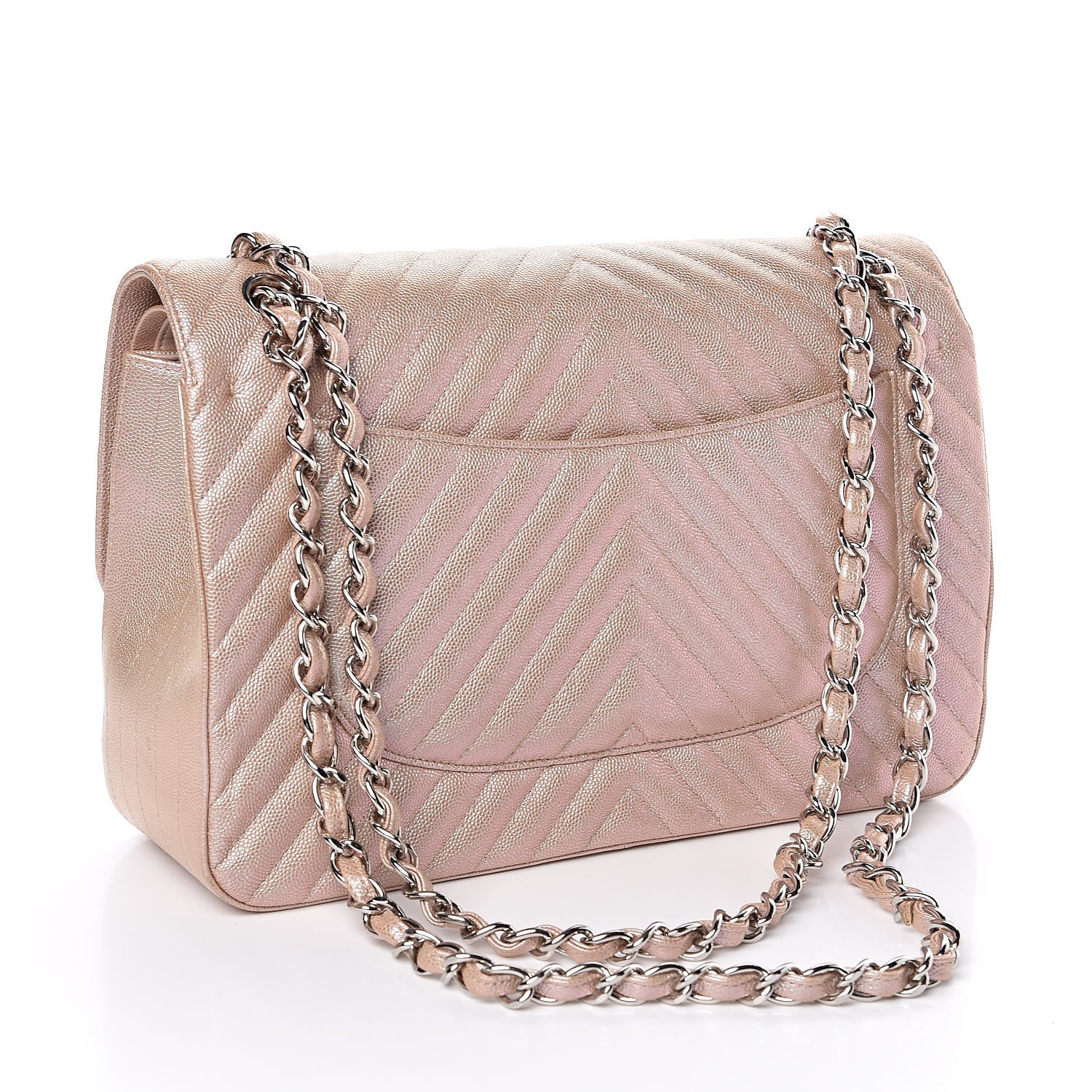 Chanel Metallic Caviar Chevron Quilted Jumbo Double Flap Light Gold 3 of 11