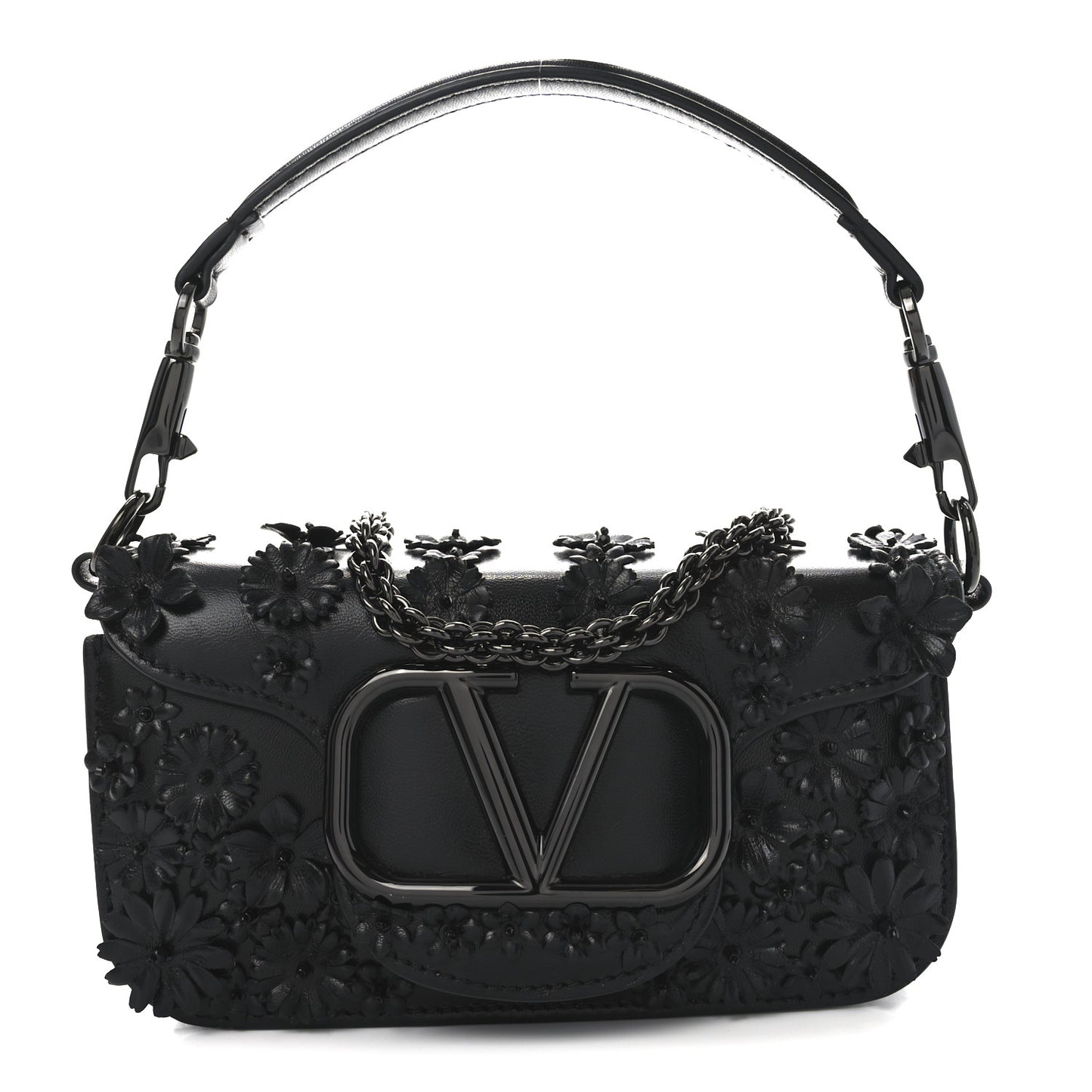 Calfskin Flower Embroidered Small Loco Shoulder Bag Black