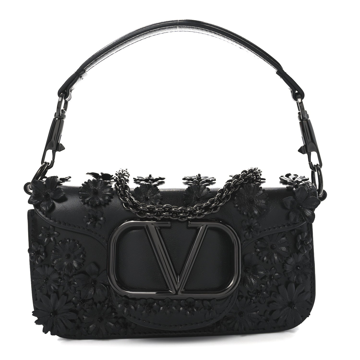 Valentino Garavani Calfskin Flower Embroidered Small Loco Shoulder Bag Black 1 of 9