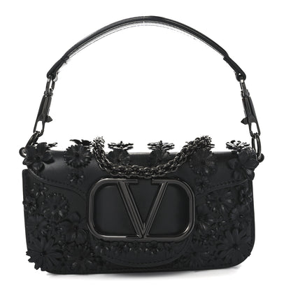 Valentino Garavani Calfskin Flower Embroidered Small Loco Shoulder Bag Black 1 of 9