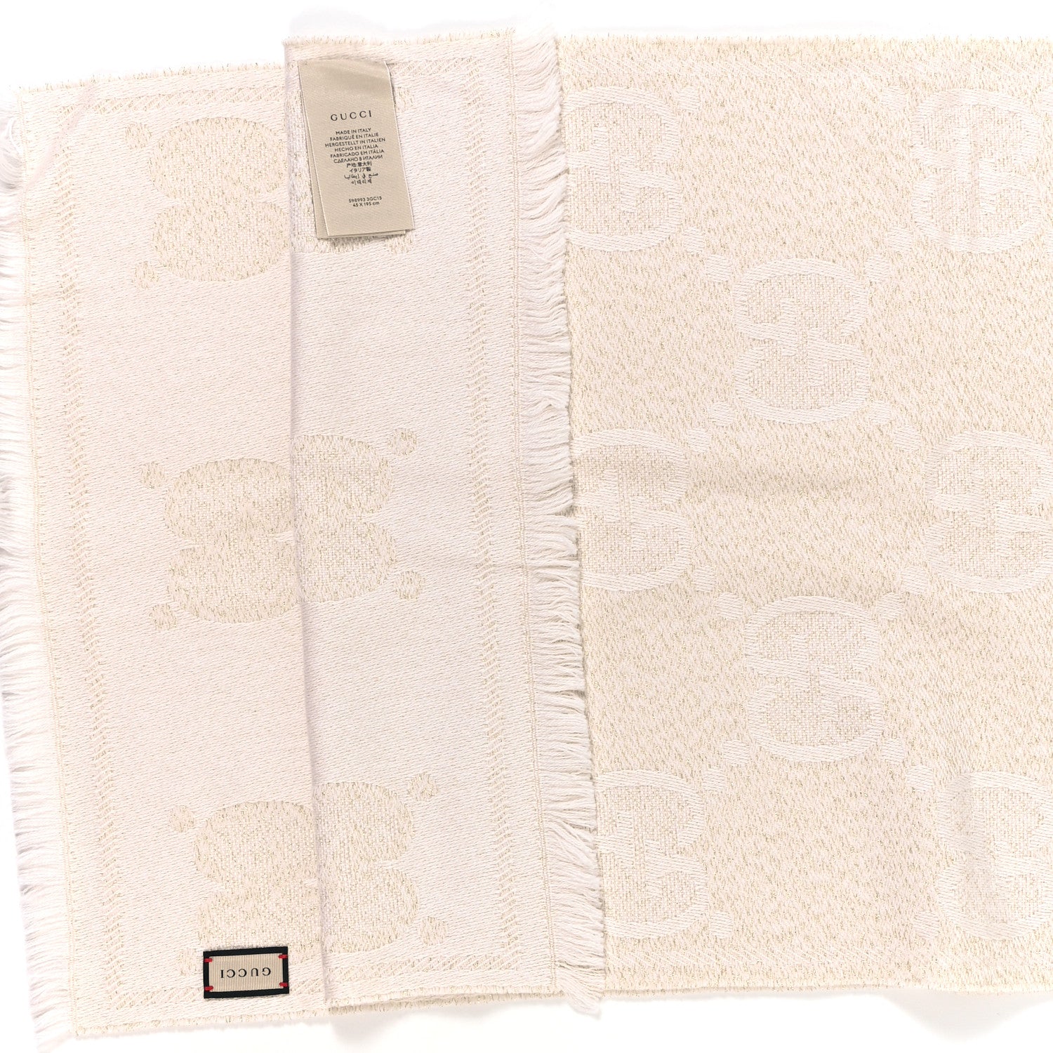 Gucci Wool Lame Jacquard Monogram Jumbo GG Lady Nest Lux Scarf White Gold 3 of 3