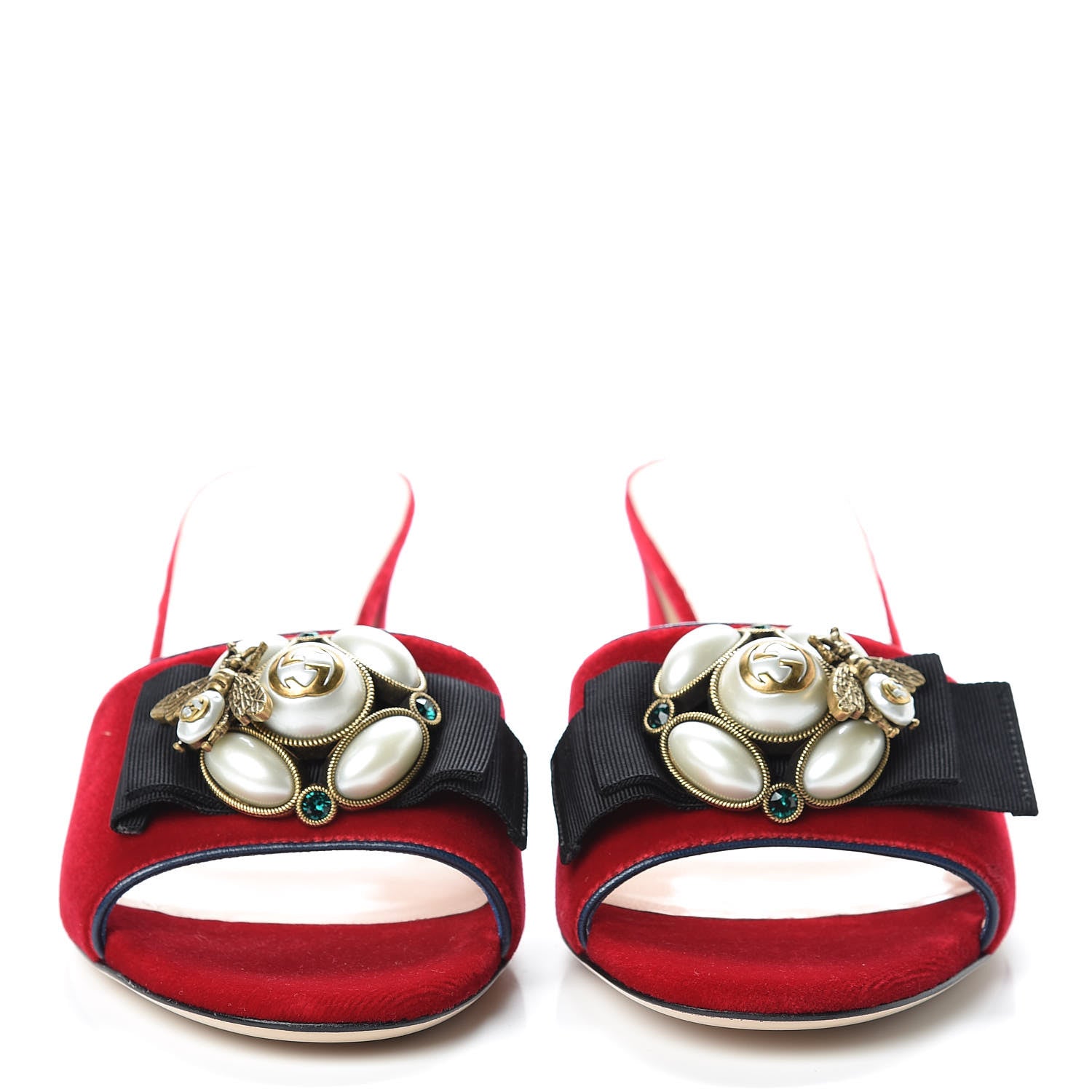 Gucci Velvet Etoile Pearl Embellished Mid Heel Slide Sandals 39 Hibiscus Red Black Blue Agata 2 of 9