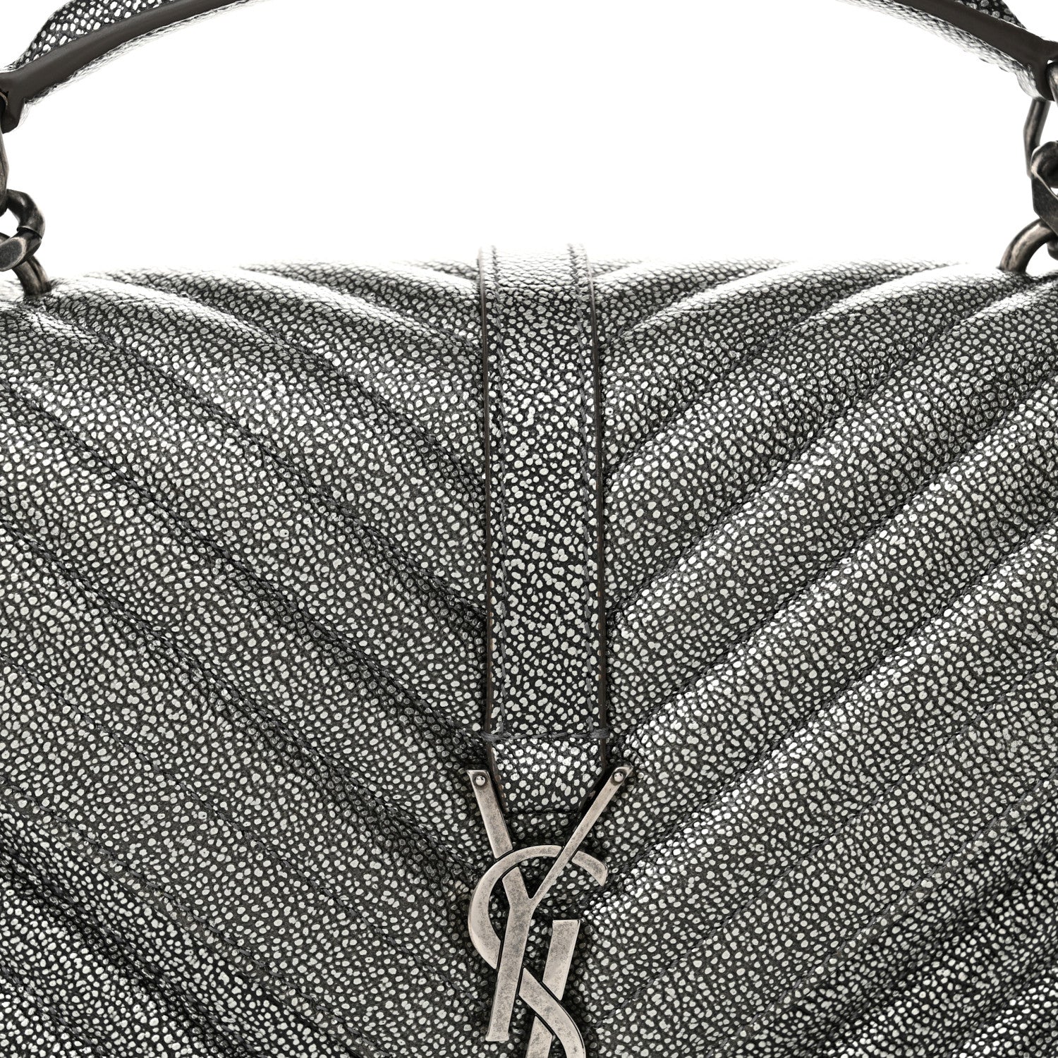 Saint Laurent Metallic Grain De Poudre Matelasse Chevron Monogram Medium College Bag Gunmetal 8 of 10