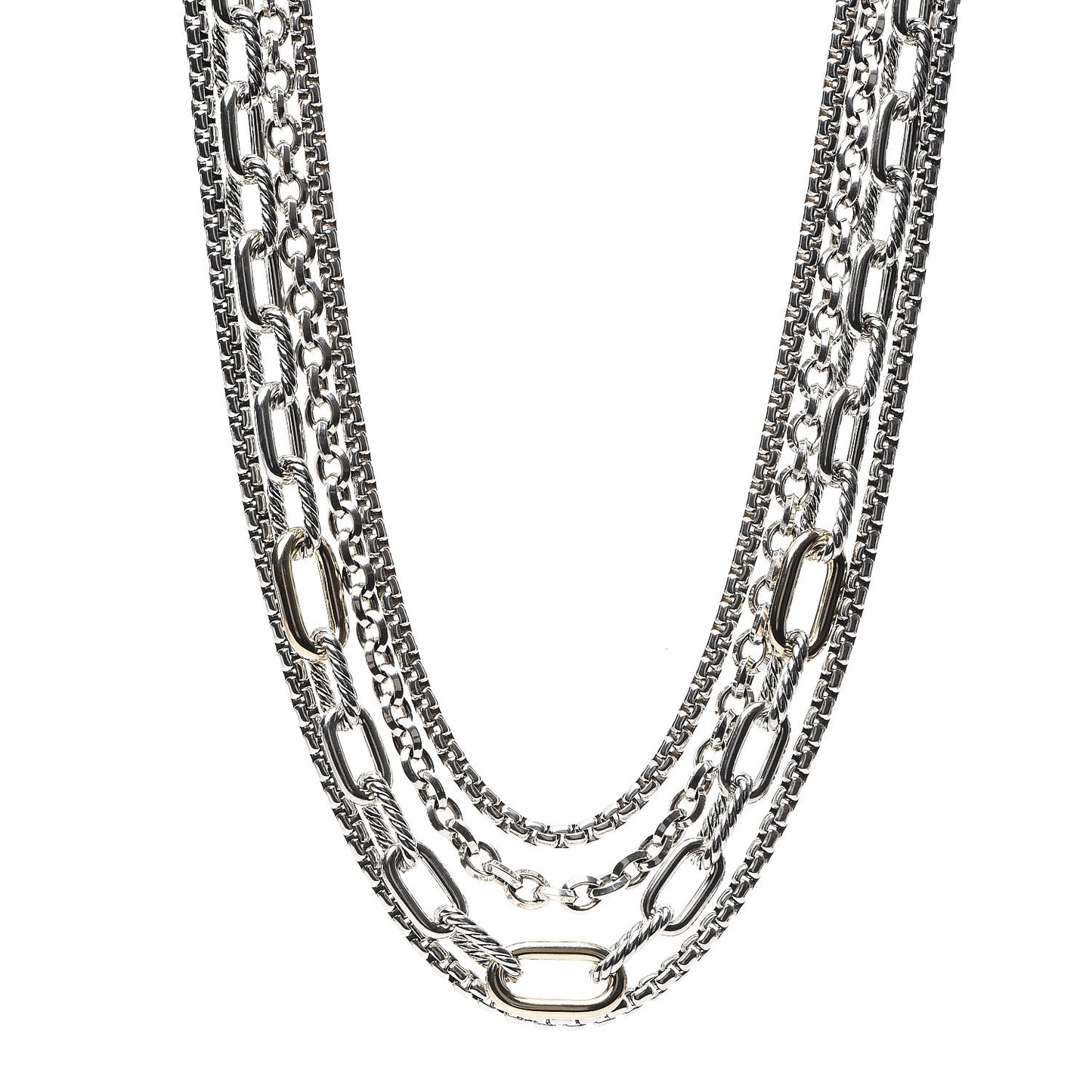 Sterling Silver 18K Yellow Gold Four Row Mixed Chain Bib Necklace