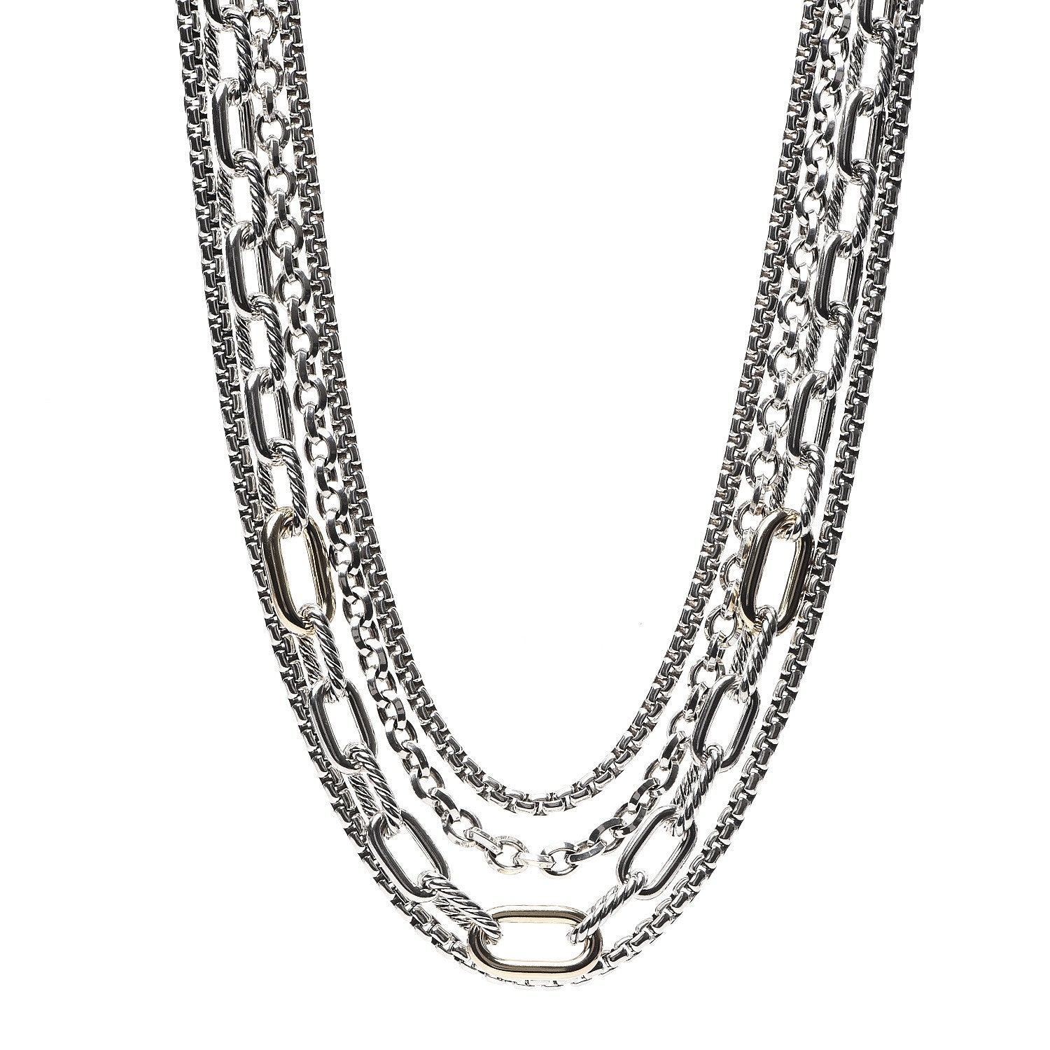 David Yurman Sterling Silver 18K Yellow Gold Four Row Mixed Chain Bib Necklace 1 of 3