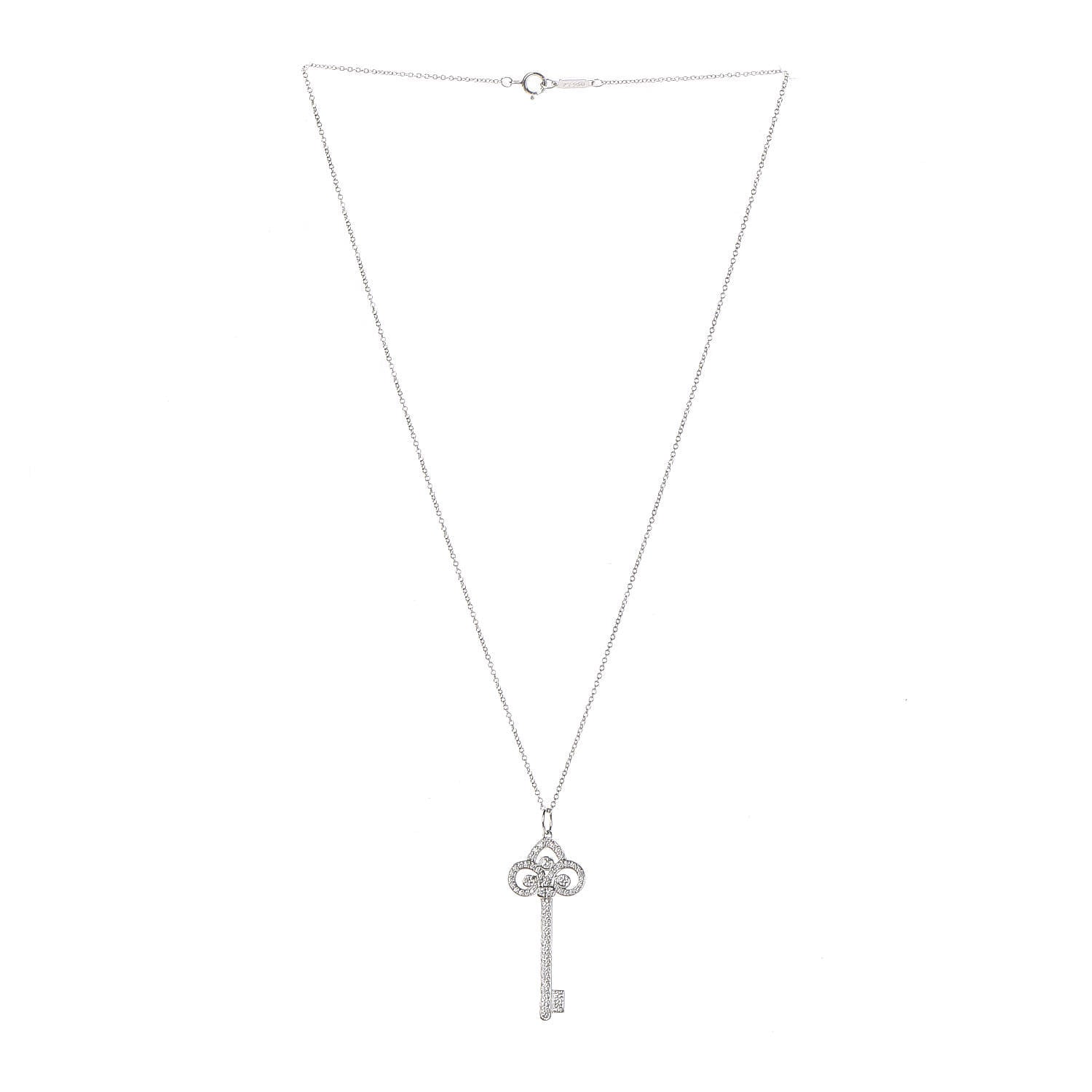 Tiffany Platinum Diamond .41ct Fleur De Lis Key Pendant Necklace 3 of 8