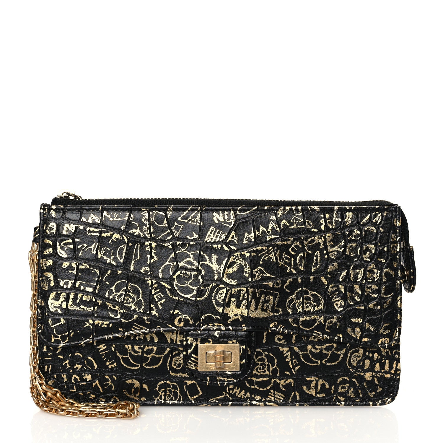 Chanel Calfskin Crocodile Embossed Egyptian Graffiti Pouch With Chain Handle Black Gold 1 of 10