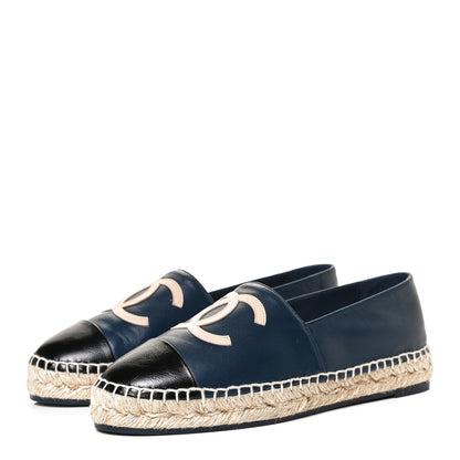 Chanel Lambskin Shiny Calfskin CC Espadrilles 39 Navy Blue Beige Black 3 of 13