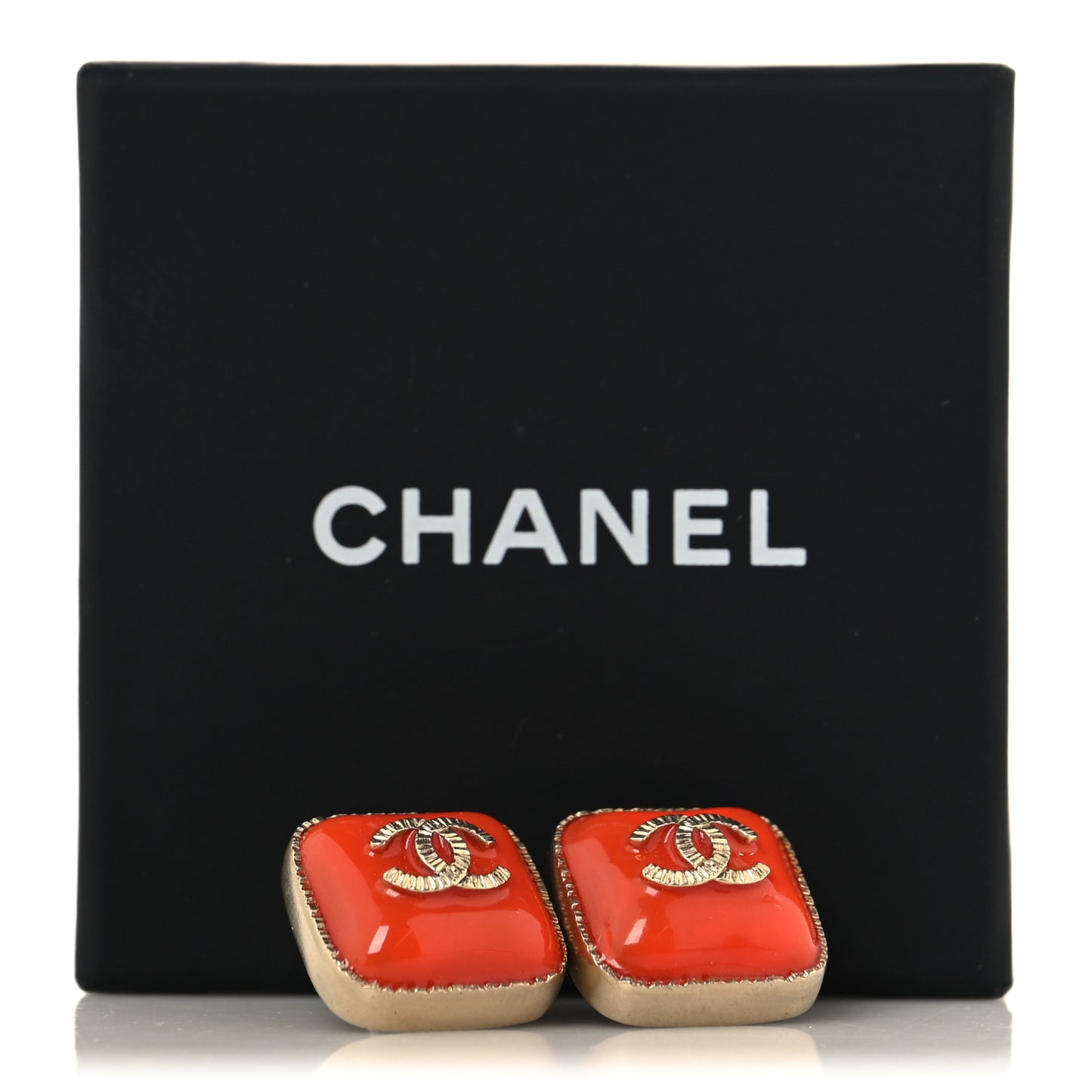 Metal Enamel CC Square Earrings Orange