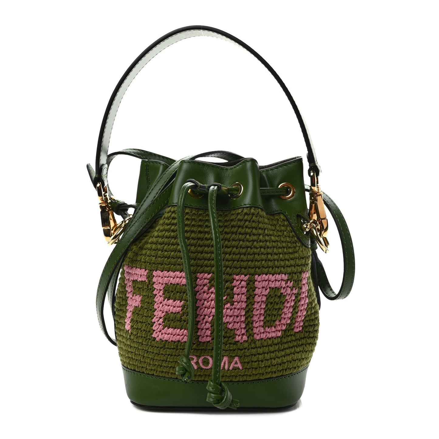 Crochet Vitello King F is Fendi Logo Woven Mini Mon Tresor Bucket Bag Verde Militare Rosa