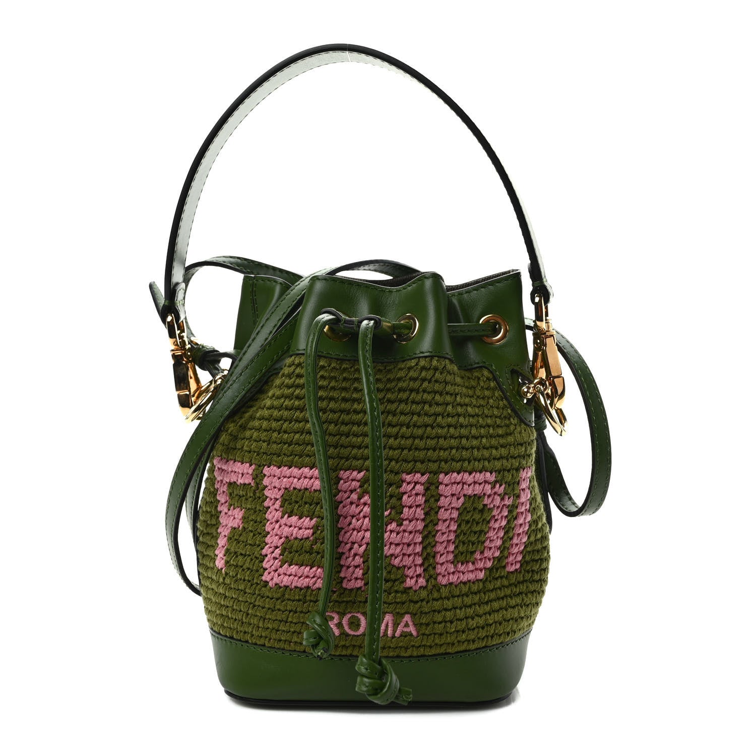 Fendi Crochet Vitello King F is Fendi Logo Woven Mini Mon Tresor Bucket Bag Verde Militare Rosa 1 of 8
