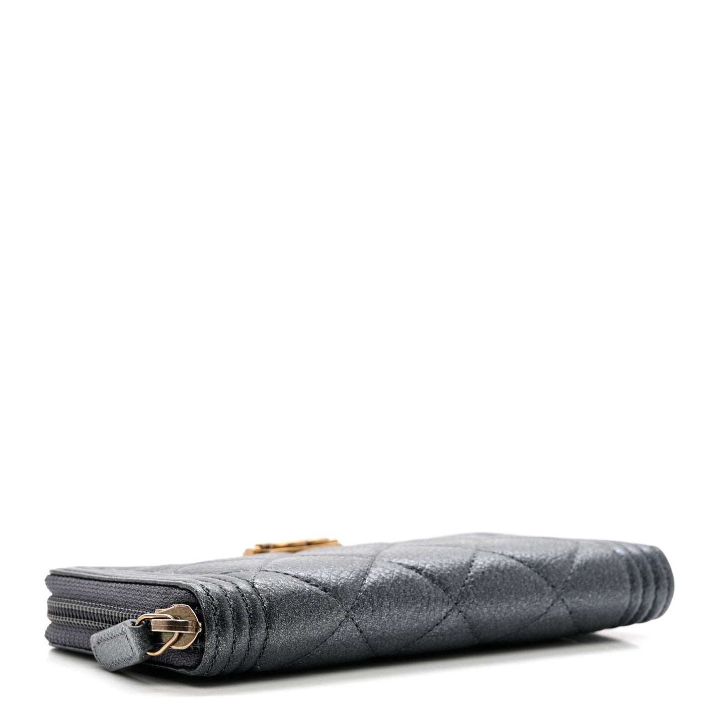 Metallic Calfskin Quilted Small Boy Zip Around Wallet Charcoal