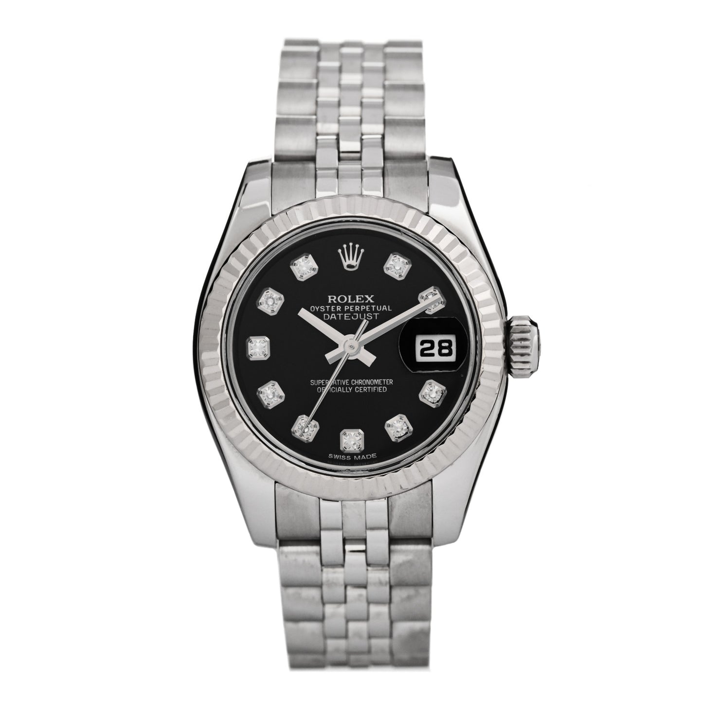 Stainless Steel 18K White Gold Diamond 26mm Oyster Perpetual Datejust Watch Black 179174