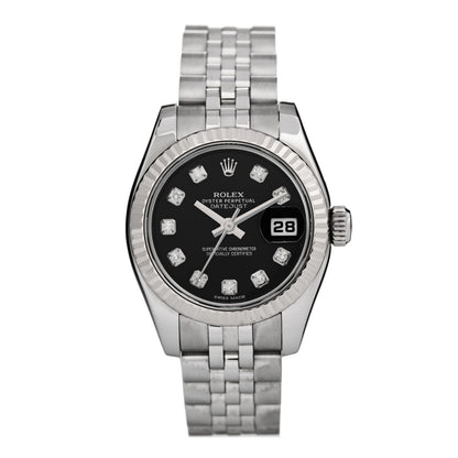 Rolex Stainless Steel 18K White Gold Diamond 26mm Oyster Perpetual Datejust Watch Black 179174 1 of 5