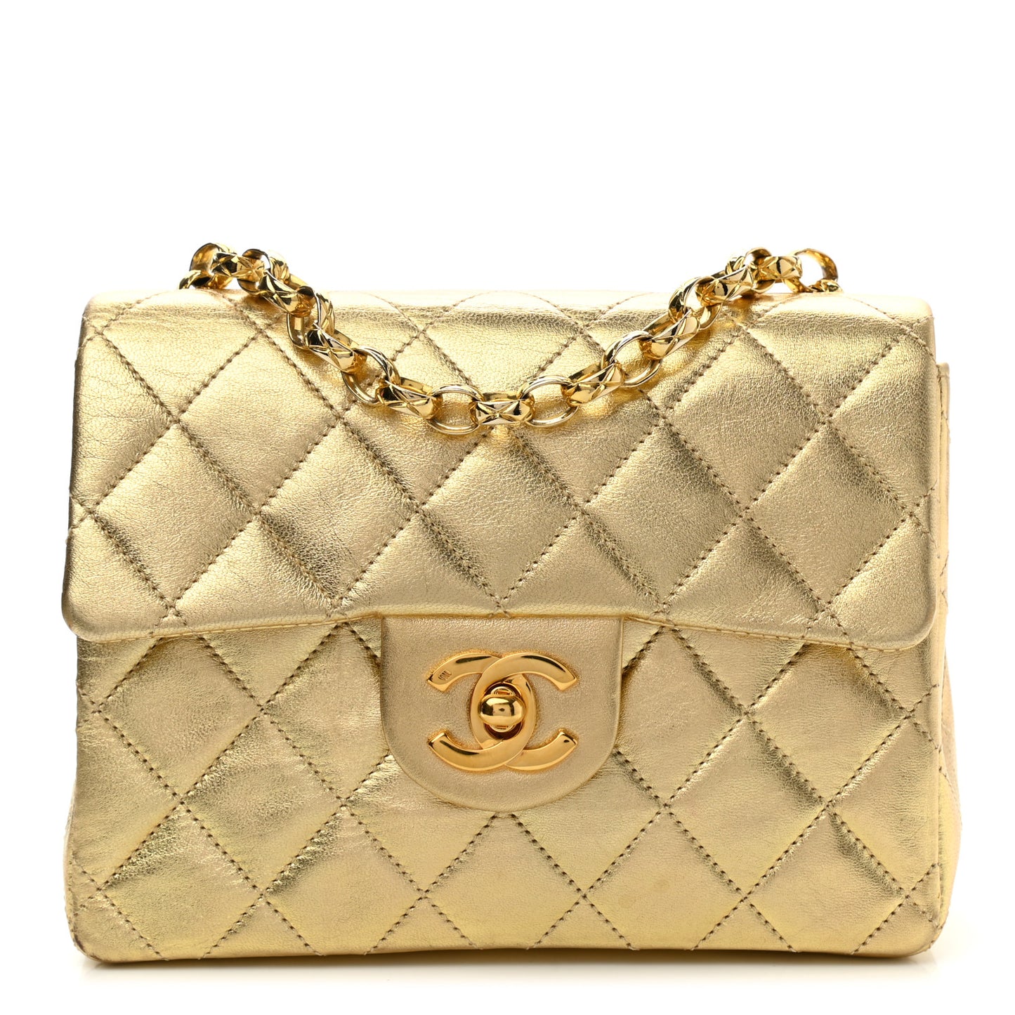 Metallic Lambskin Quilted Mini Square Flap Gold