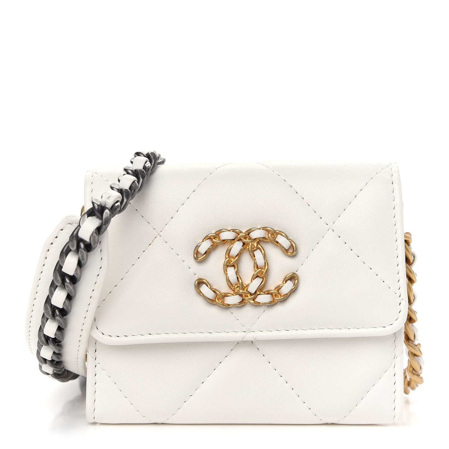 Shiny Goatskin Quilted Chanel 19 Flap Coin Purse With Chain White