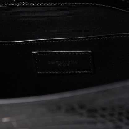 Saint Laurent Shiny Calfskin Crocodile Embossed Manhattan Baguette Black 8 of 9
