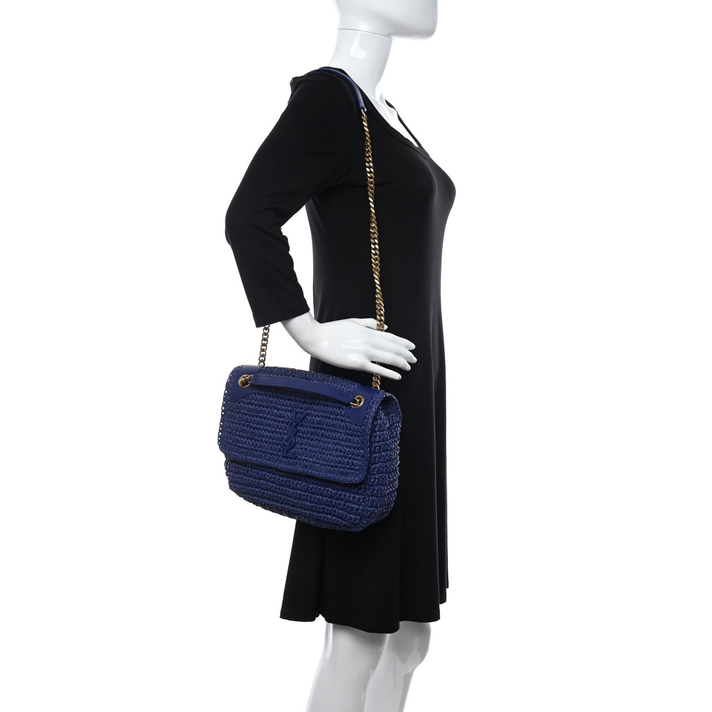 Raffia Calfskin Monogram Medium Niki Chain Satchel Blue