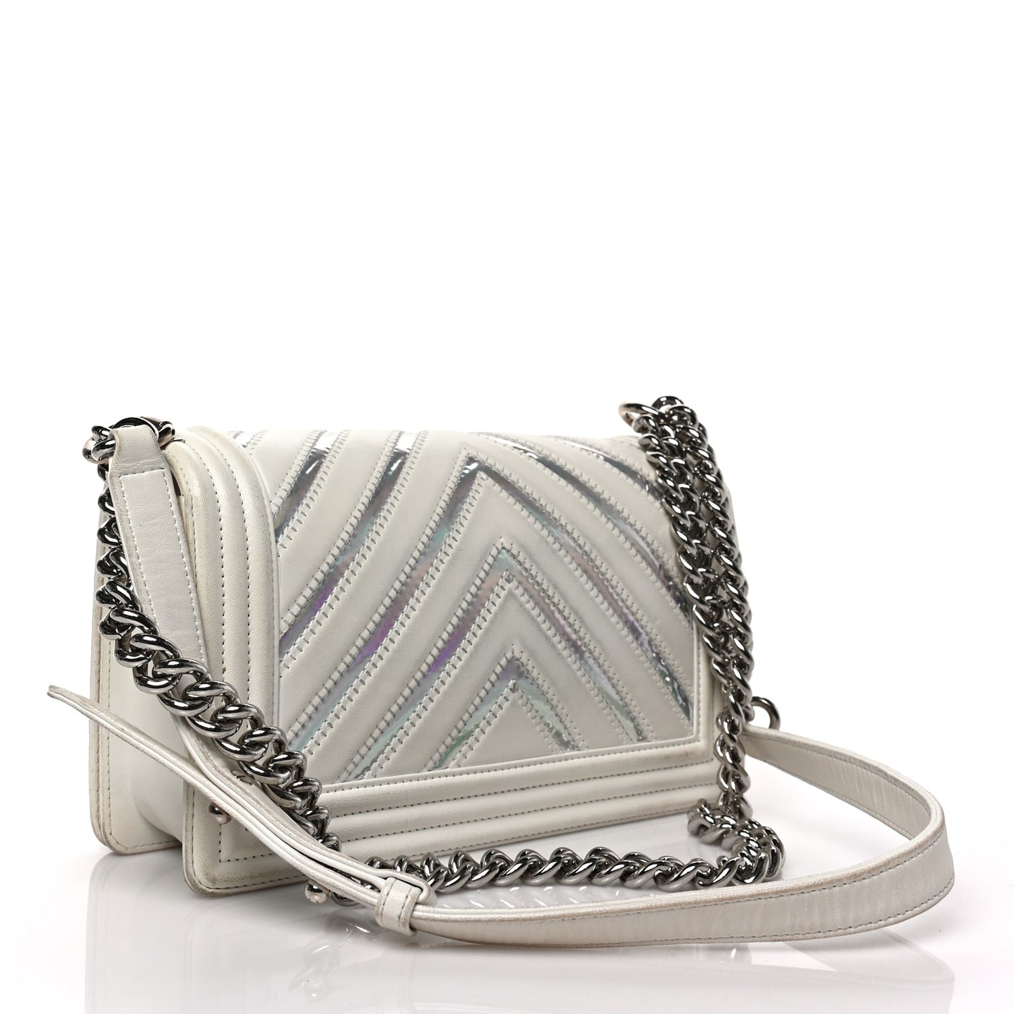 Lambskin Iridescent PVC Chevron Quilted Medium Boy Flap White Silver