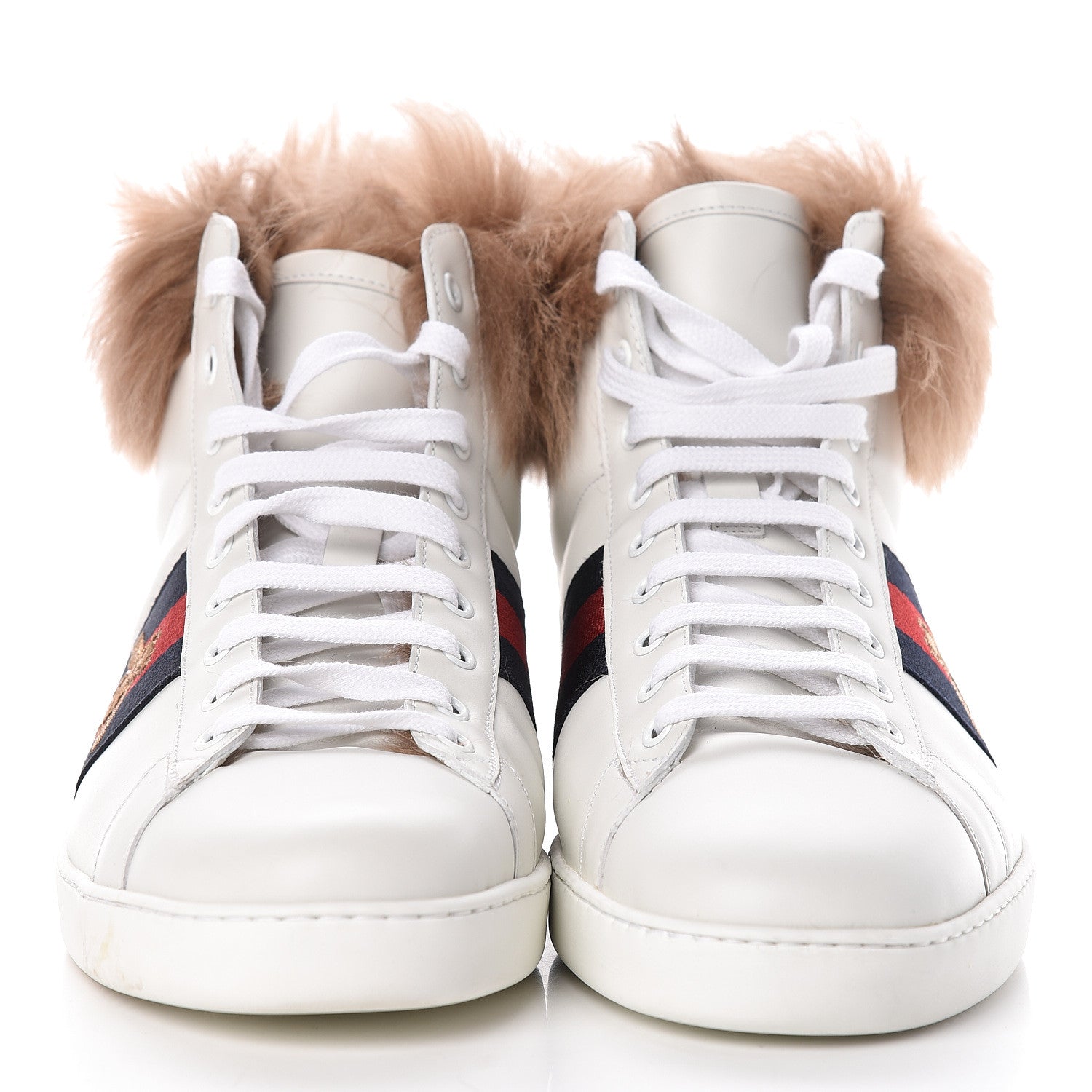 Gucci Calfskin Wool Web Bee Embroidered Mens Ace High Top Sneakers 9 White 2 of 11
