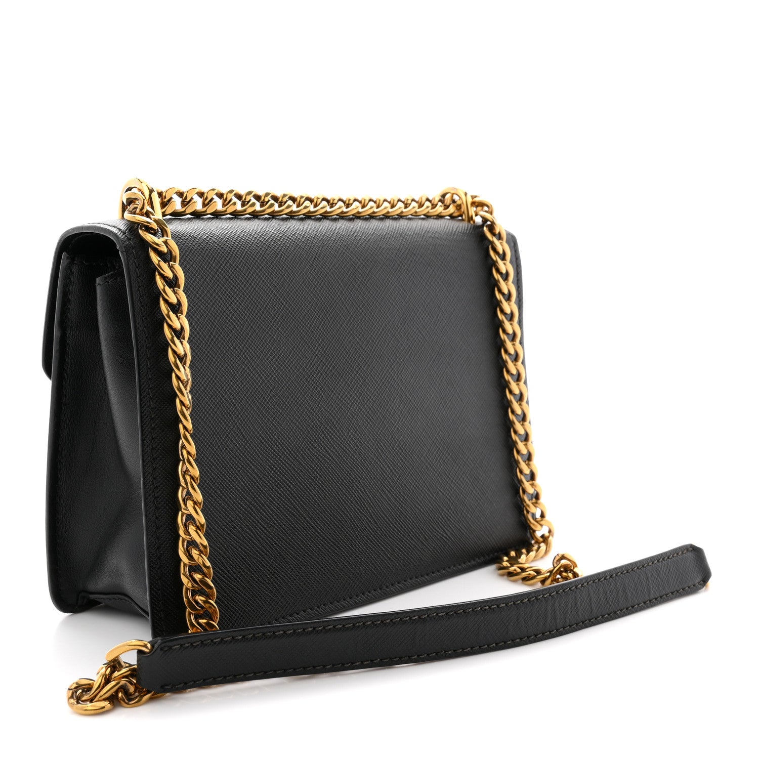 Prada Saffiano Soft Calfskin Metal Triangle Logo Envelope Chain Shoulder Bag Black 3 of 11