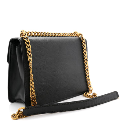 Prada Saffiano Soft Calfskin Metal Triangle Logo Envelope Chain Shoulder Bag Black 3 of 11