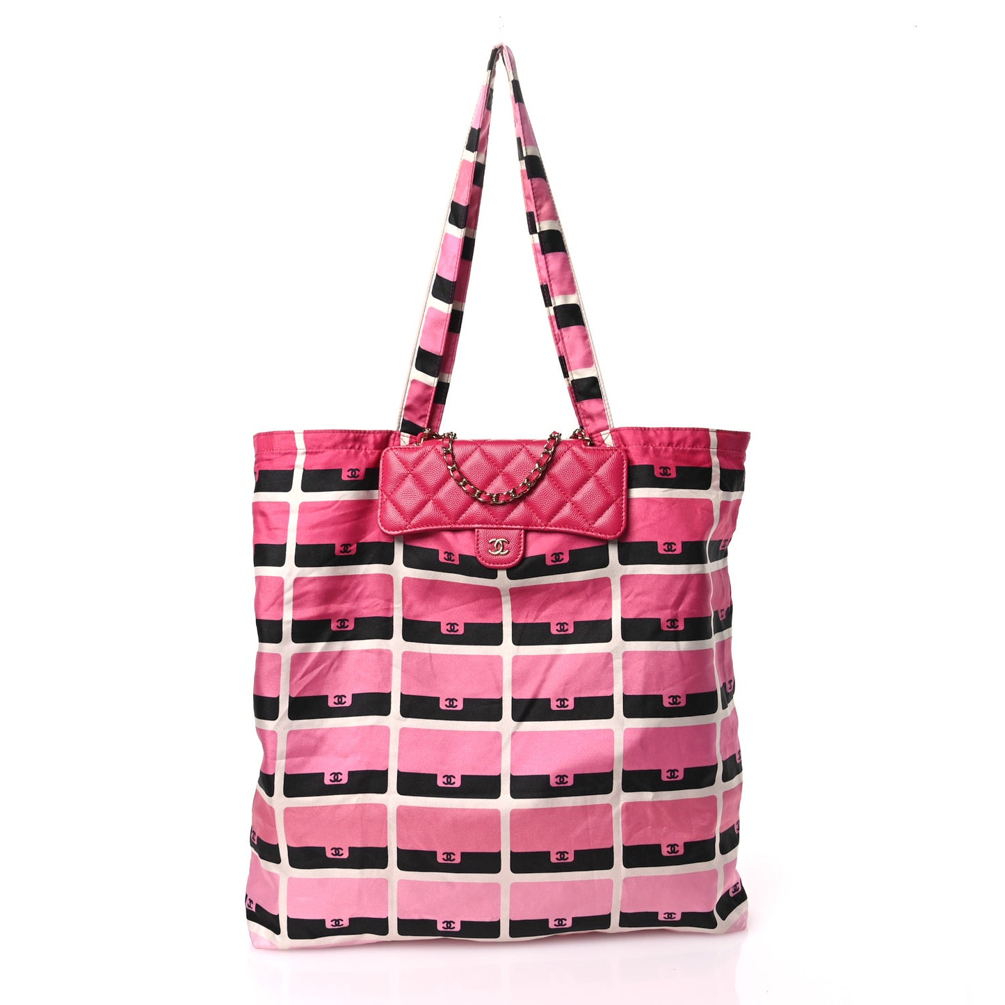 Caviar Fabric Quilted Foldable Tote With Chain Pink Multicolor