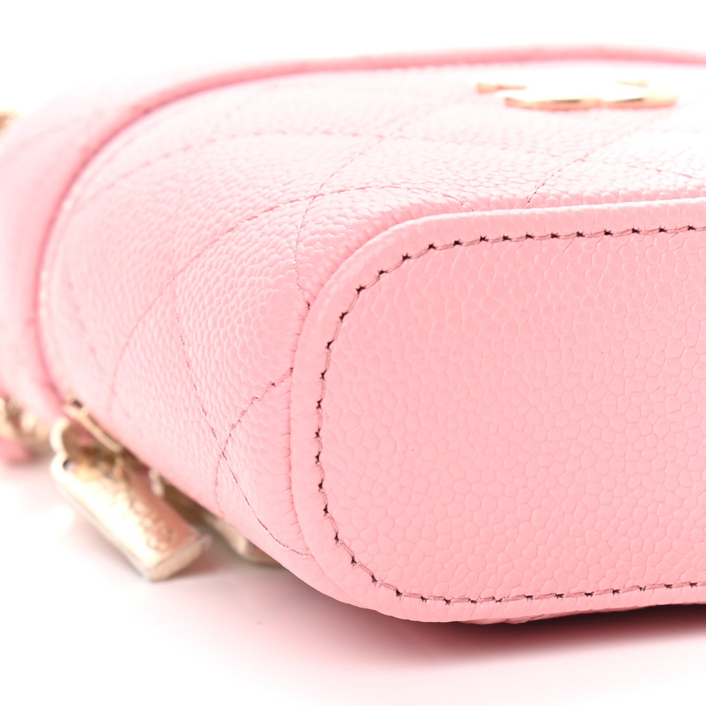 Caviar Quilted Small Handle With Care Vanity Case With Chain Pink