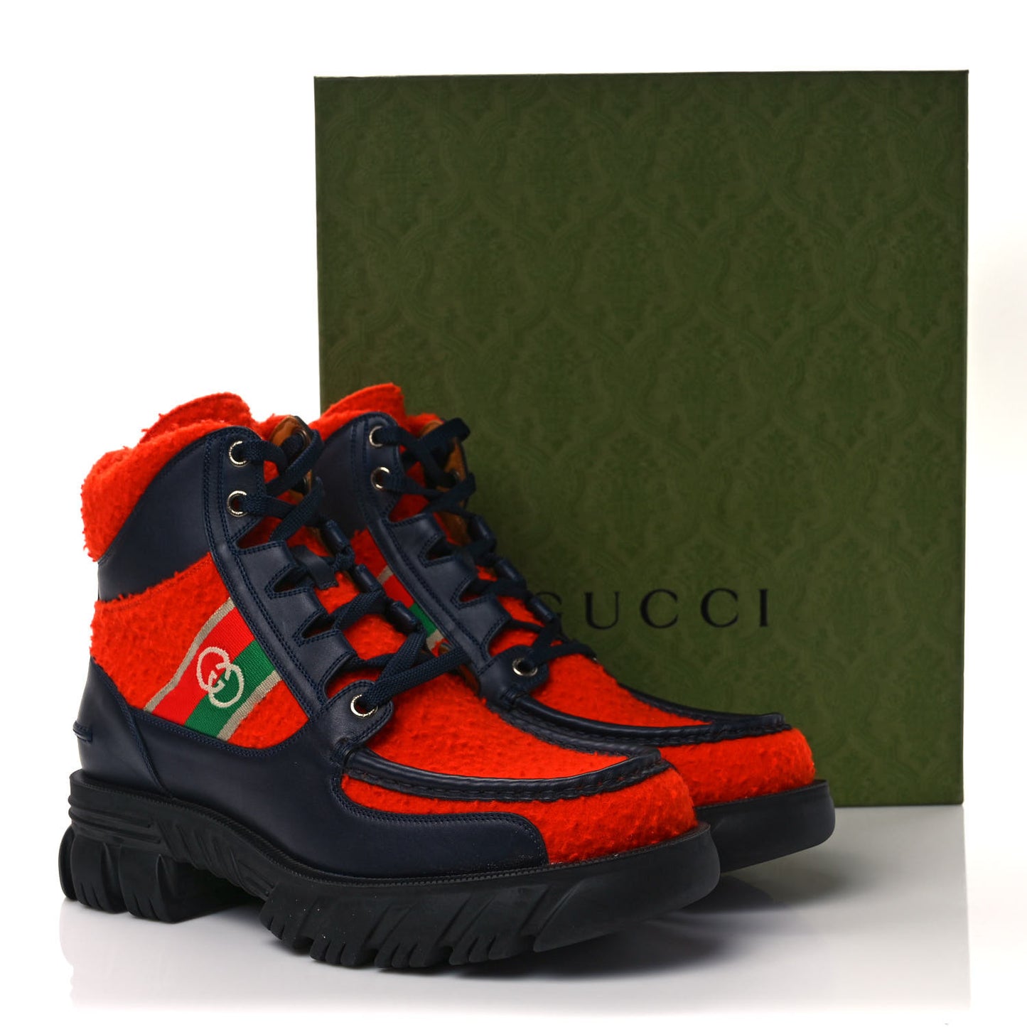 Casy Wool Quebec Calfskin Web Mens Interlocking G Lace Up Combat Boots Bitter Blue