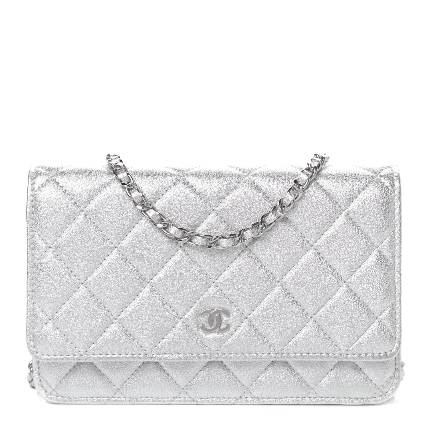 Chanel Metallic Lambskin Quilted Wallet On Chain WOC Silver 1 of 4