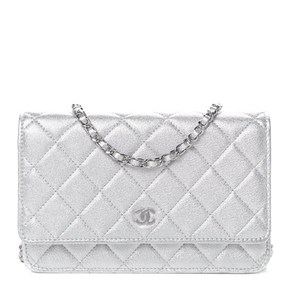 Chanel Metallic Lambskin Quilted Wallet On Chain WOC Silver 1 of 4