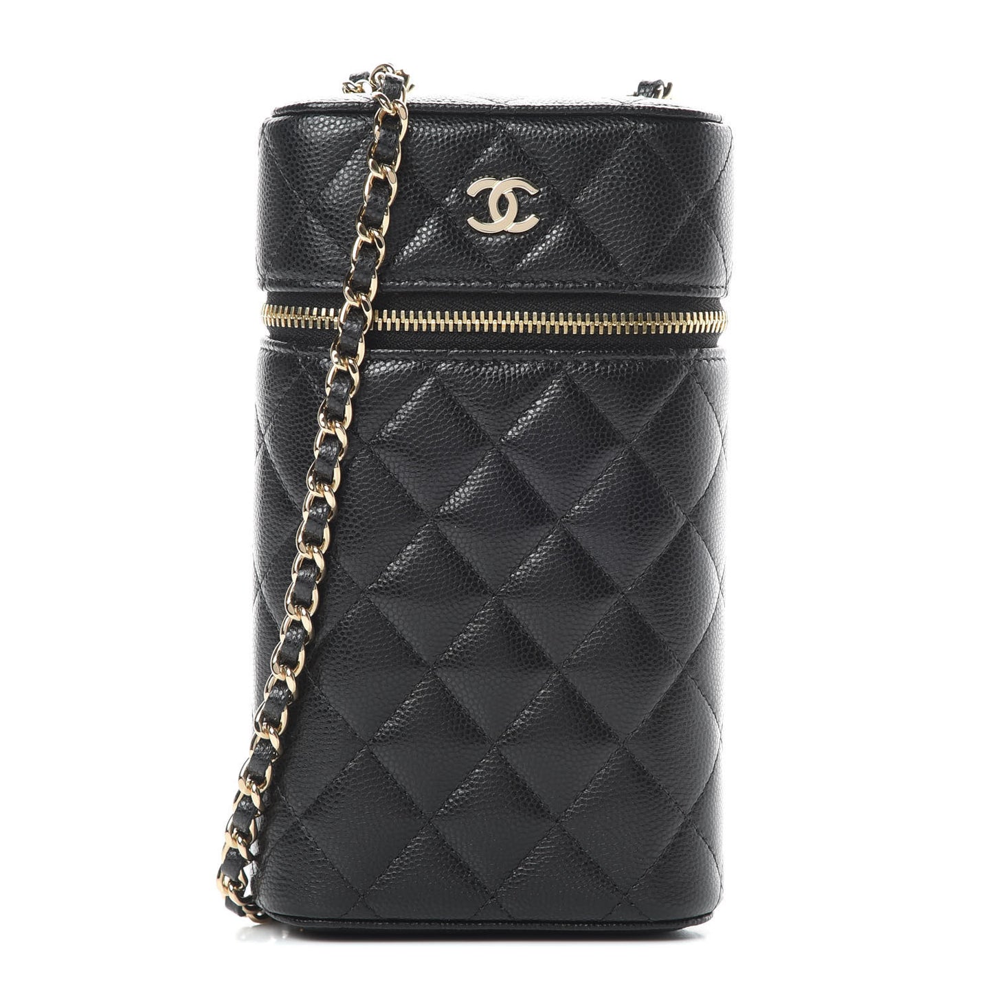 Caviar Quilted Phone Holder With Chain Black
