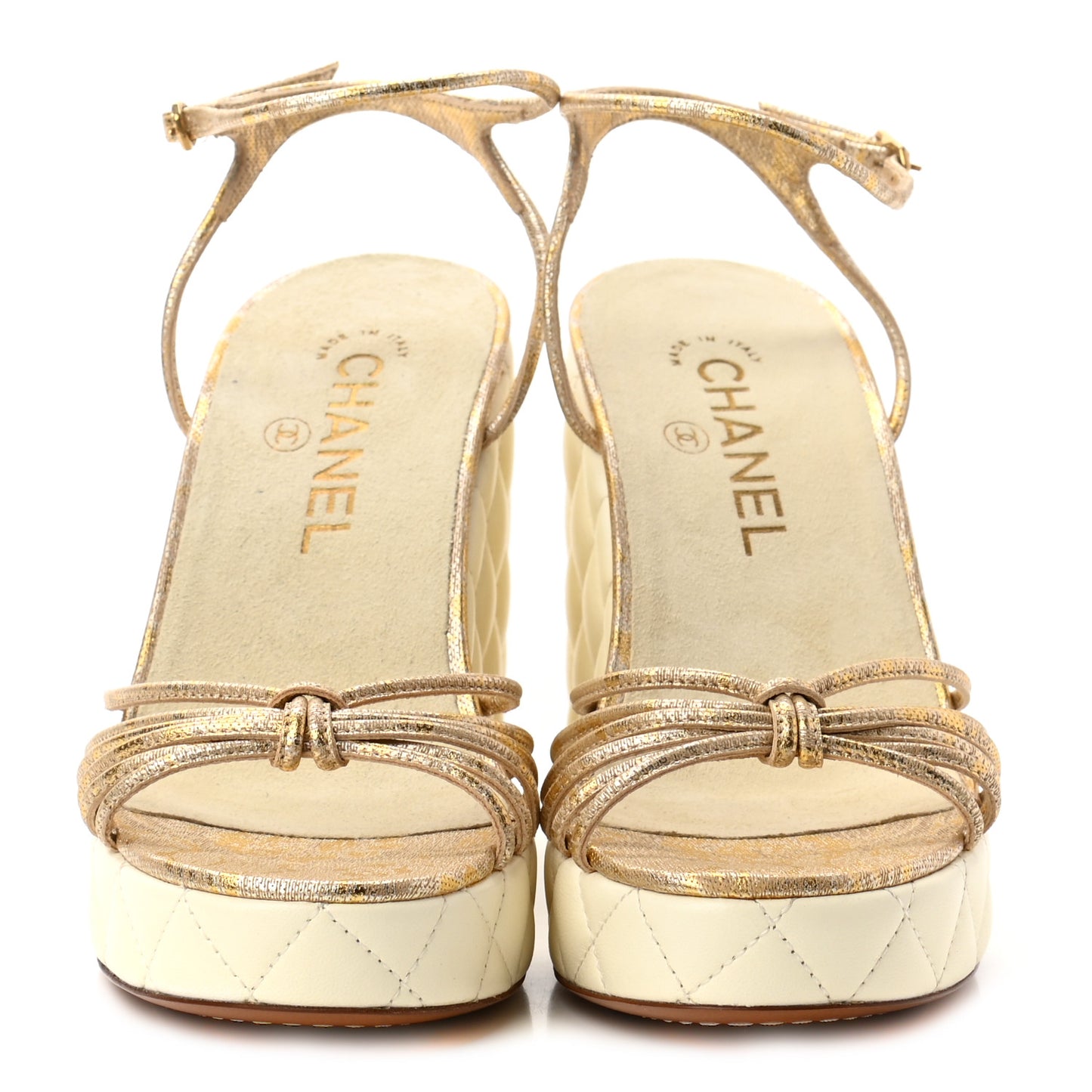 Metallic Lambskin Quilted Wedge Sandals 36.5 Light Beige Gold