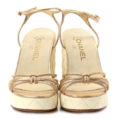 Chanel Metallic Lambskin Quilted Wedge Sandals 36.5 Light Beige Gold 2 of 6