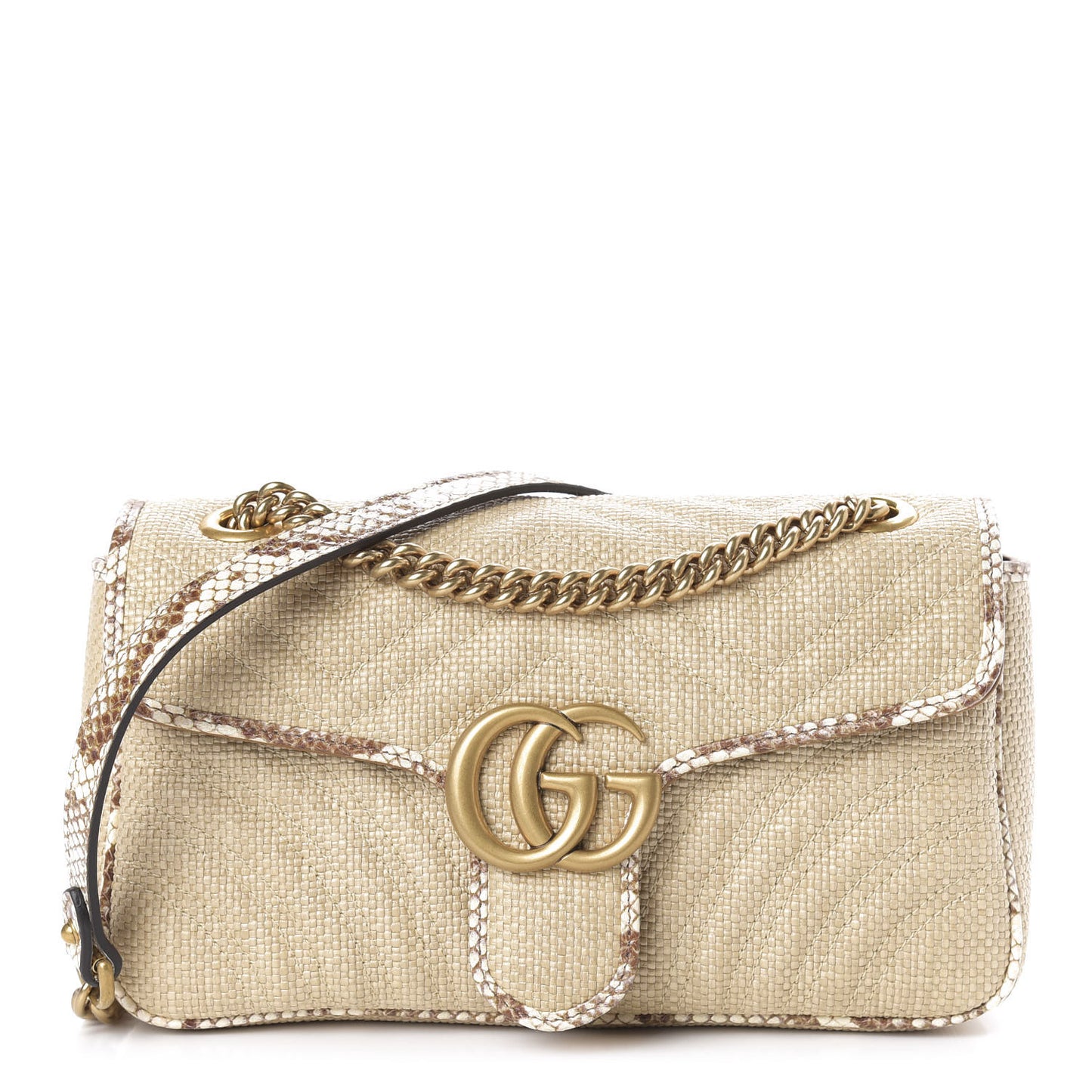 Raffia Elaphe Matelasse Small GG Marmont Shoulder Bag Natural Cream Brown