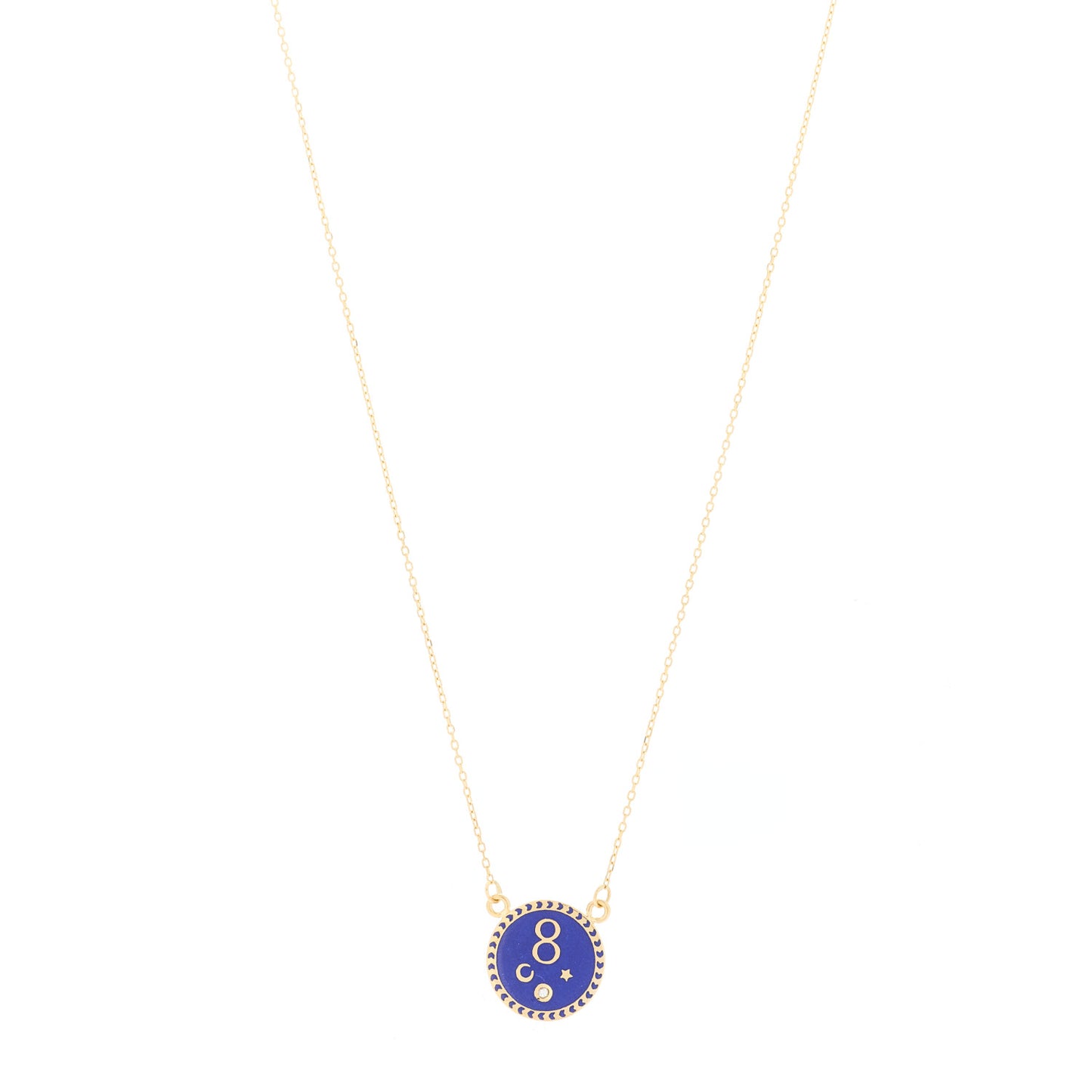 18K Yellow Gold Diamond Enamel Petite Champleve Karma Stationary Necklace Blue