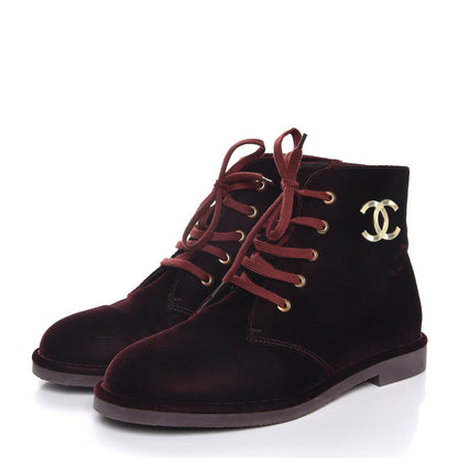 Chanel Velvet CC Lace Up Boots 38.5 Burgundy 3 of 8