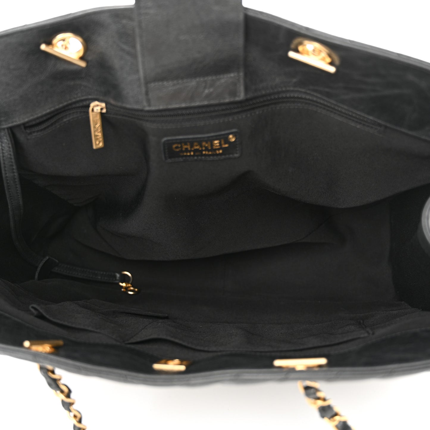 Iridescent Calfskin Chevron Quilted Shopping Tote Black