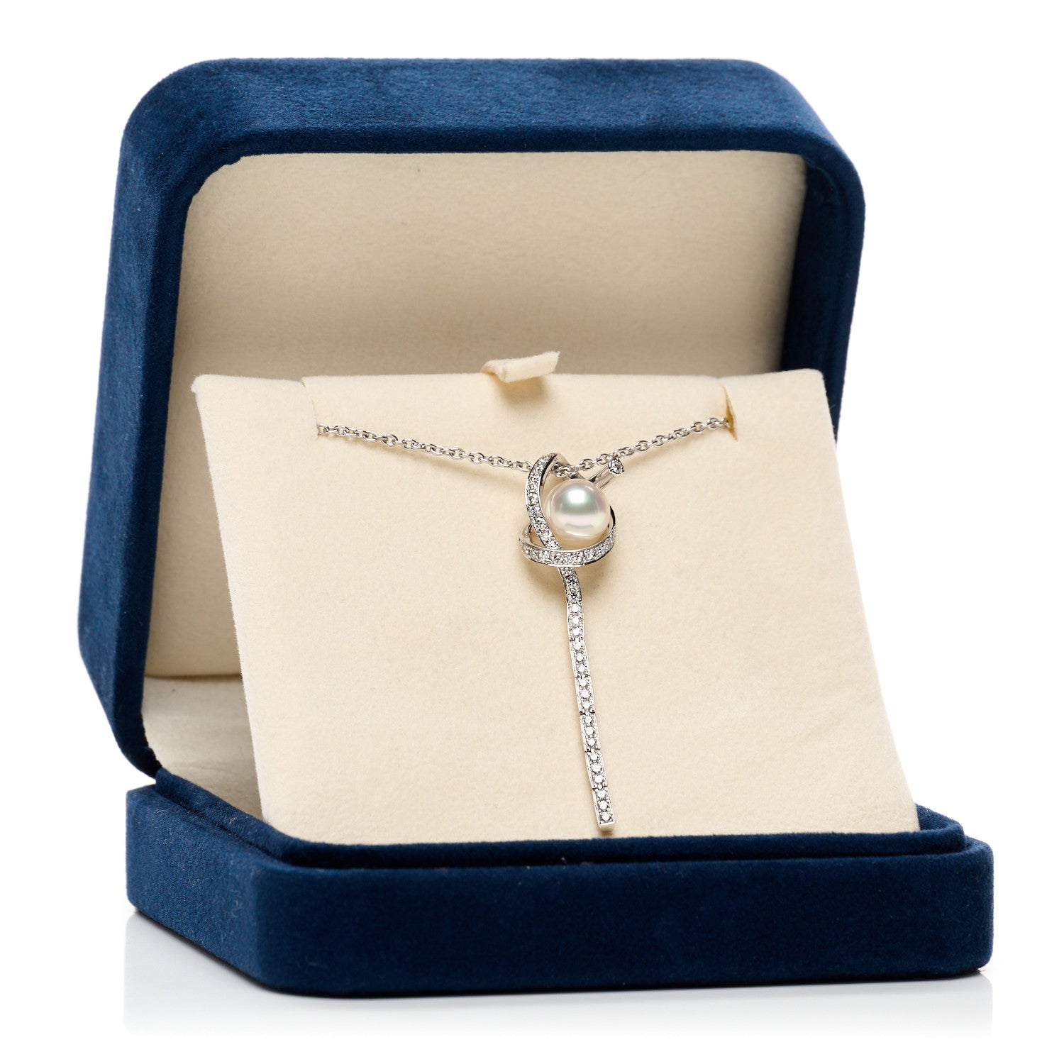 Mikimoto 18K White Gold Diamond Akoya Cultured Pearl 8mm Ribbon Drop Pendant Necklace 5 of 5