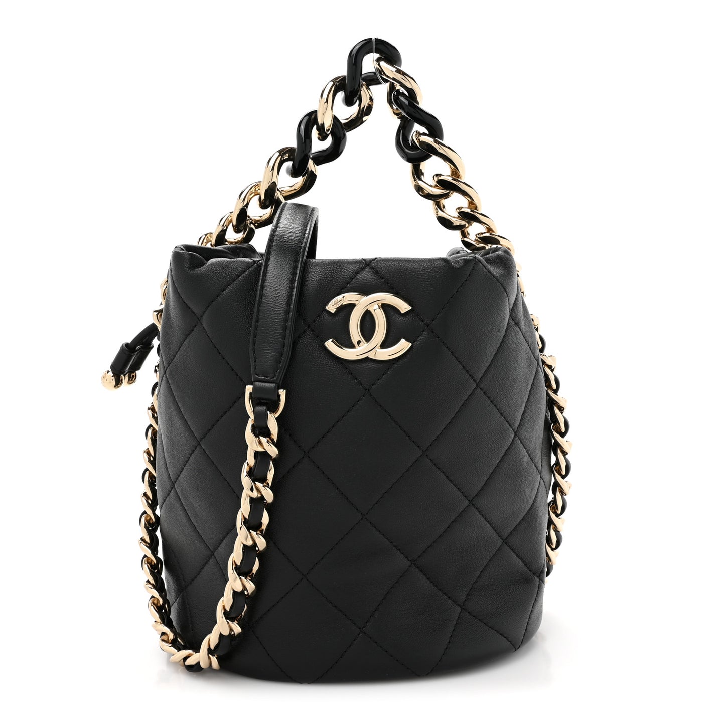 Shiny Lambskin Quilted Chain Is More Drawstring Bag Black