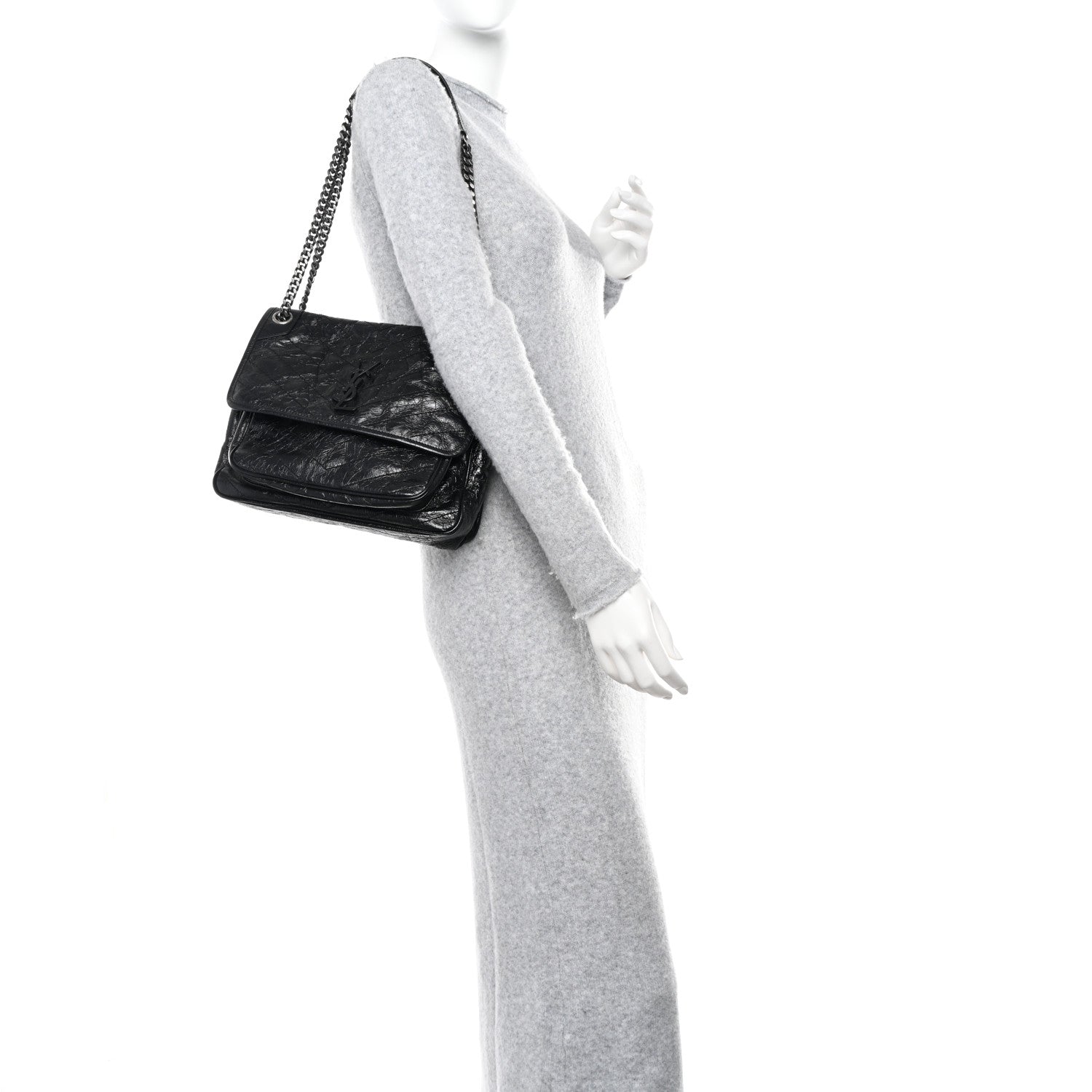 Saint Laurent Crinkled Calfskin Matelasse Monogram Medium Niki Chain Satchel Black 2 of 9